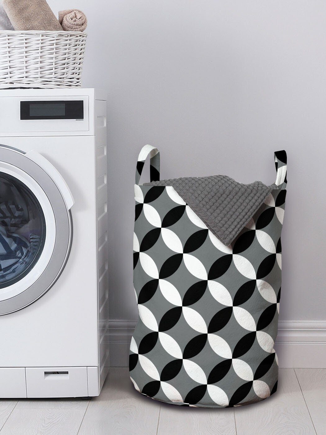 Griffen Kreis und Kordelzugverschluss Wäschesäckchen für Schwarz Wäschekorb mit Geometrischer Waschsalons, Abakuhaus Grau