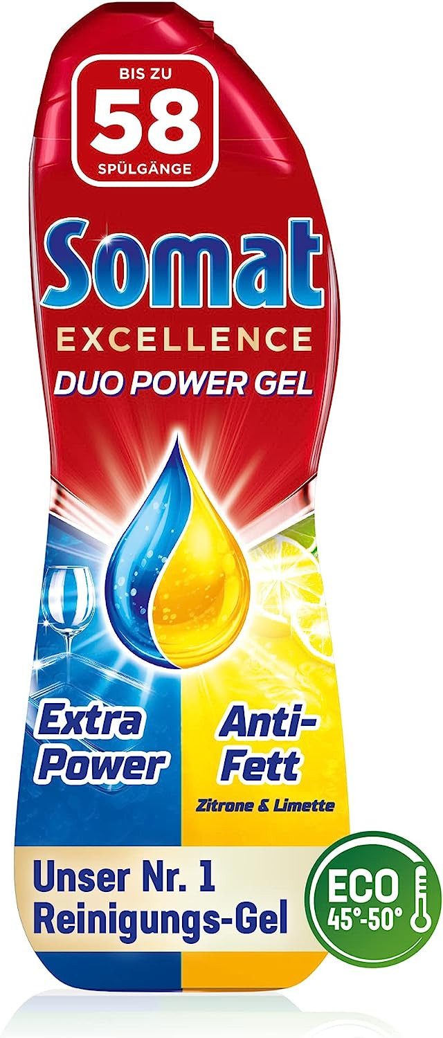 Somat Excellence Duo Power Gel Zitrone & Limette 58 Spülgänge Geschirrspülmittel (XXL-Pack, [1-St. für strahlend sauberes Geschirr)