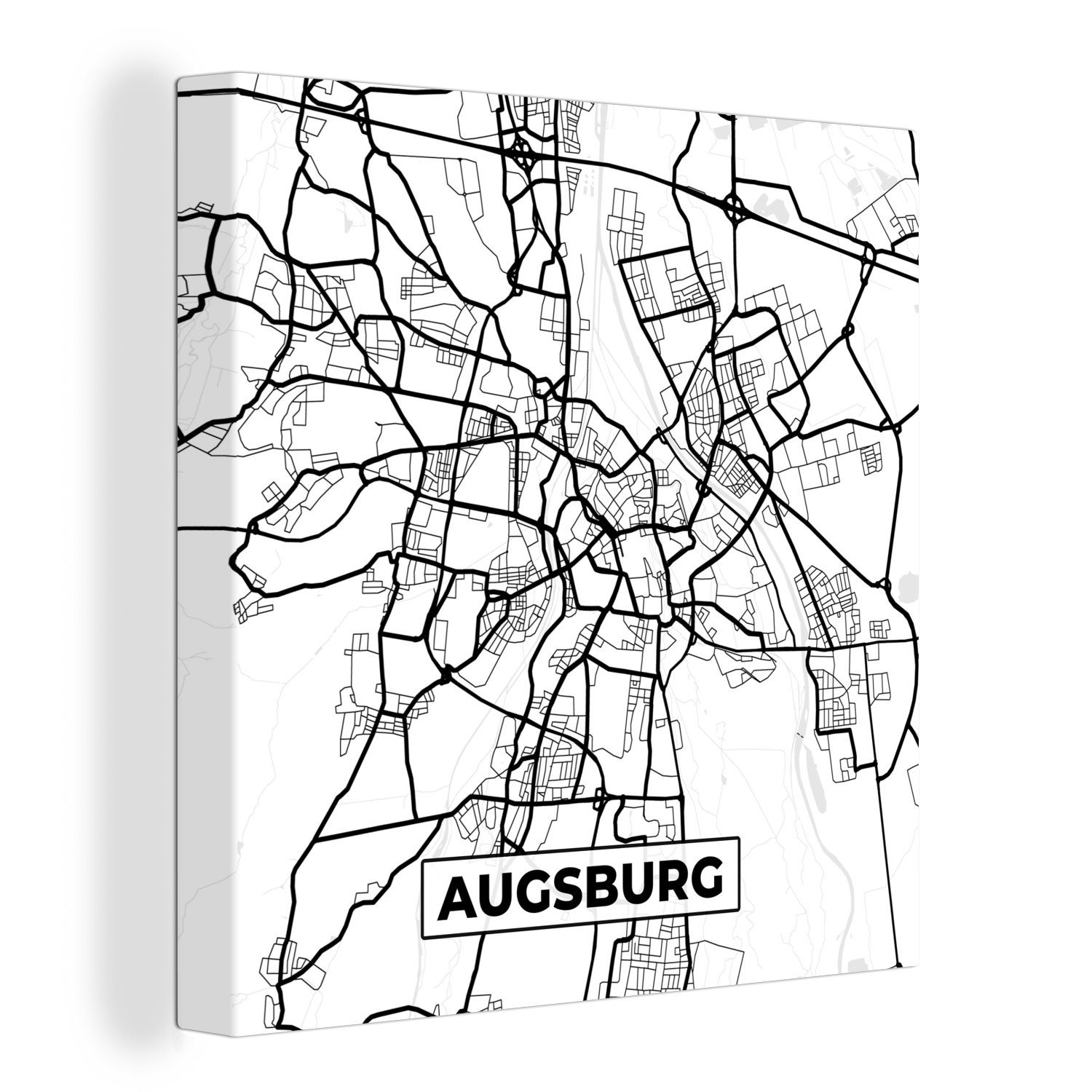 OneMillionCanvasses® Leinwandbild Karte - Augsburg - Stadtplan - Karte, (1 St), Leinwand Bilder für Wohnzimmer Schlafzimmer