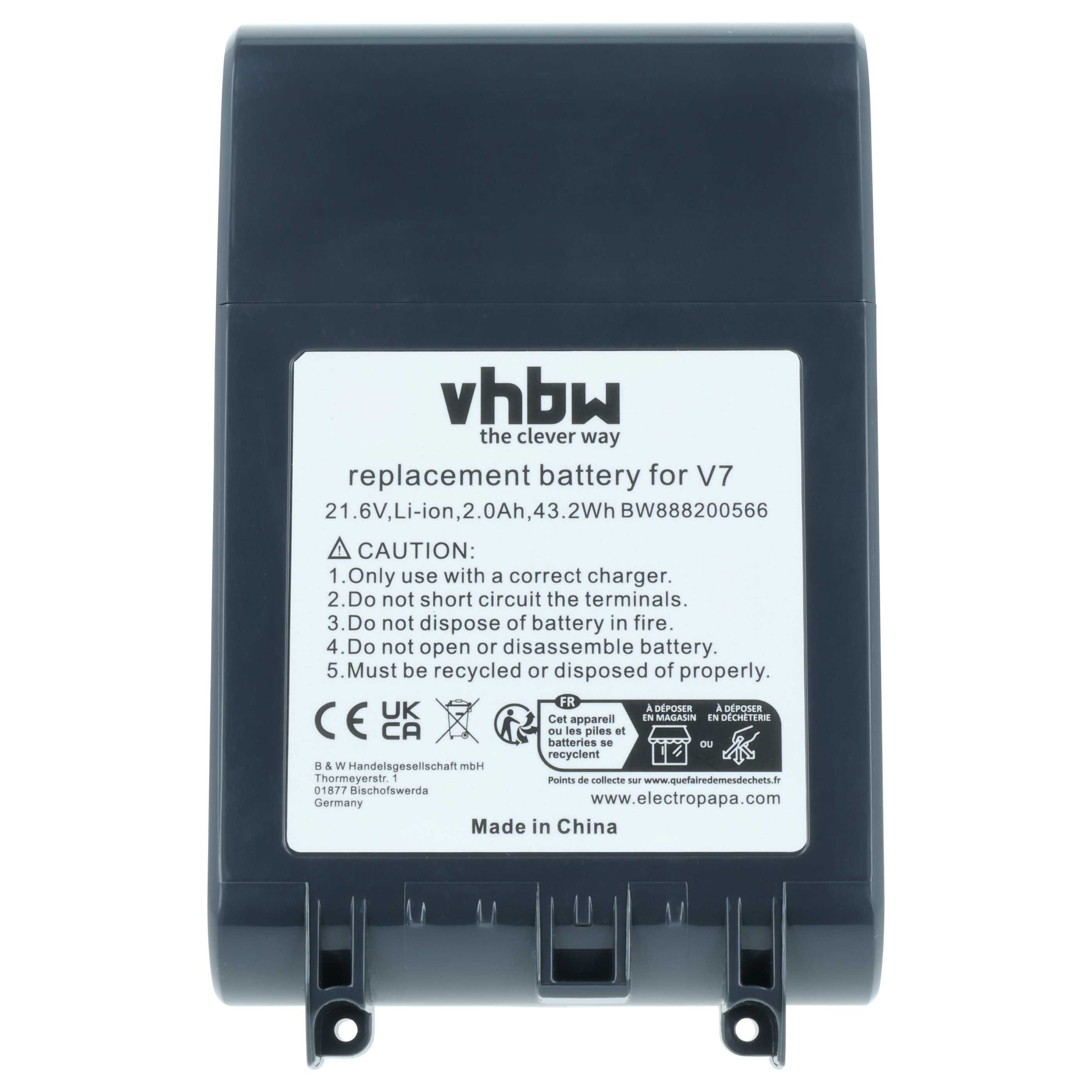 vhbw Akku passend für Dyson V7, V7 Animal, V7 Motorhead vacuum, V7 Staubsauger-Akku Akku Li-Ion 2000 mAh (21,6 V, 1 St), Leistungsfähiger Austausch-Akku für Ihren Staubsauger