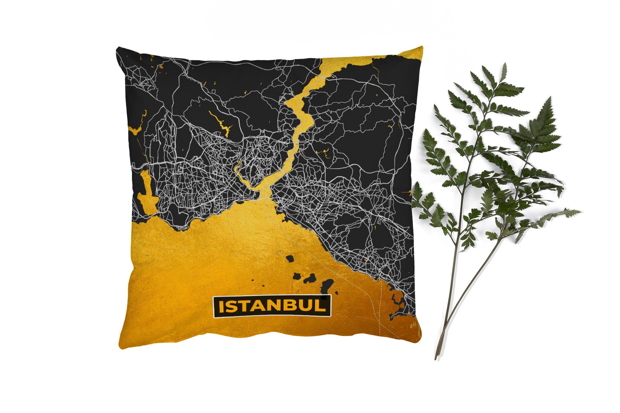 MuchoWow Dekokissen Istanbul - Gold - Stadtplan - Karte, Zierkissen mit Füllung für Wohzimmer, Schlafzimmer, Deko, Sofakissen