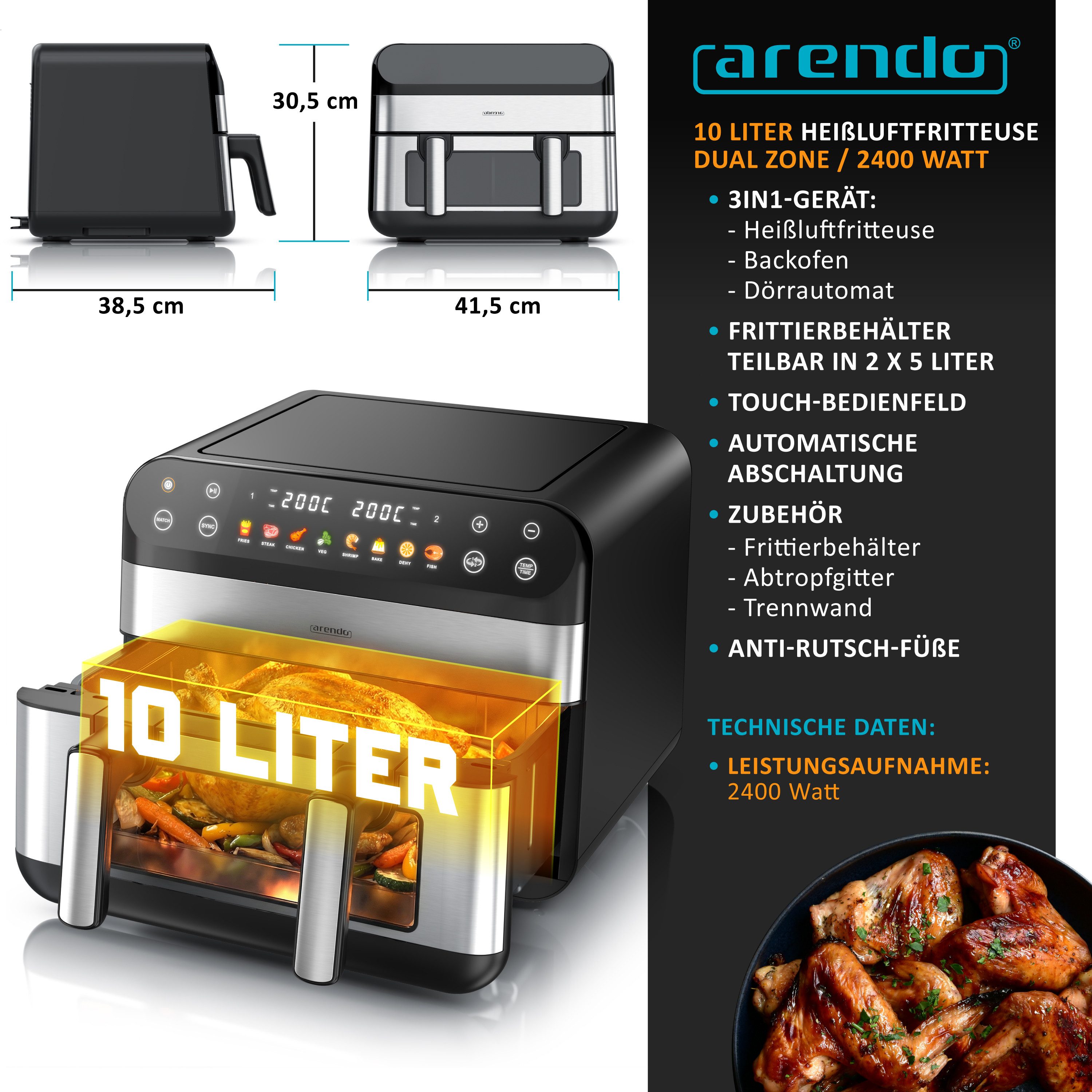 Arendo Heißluftfritteuse Airfryer XXL mit beleuchtetem Sichtfenster, Pre Heat & Turn-Food, 2400 W, mit Zubehör, Umluft Backofen, Sichtfenster Grill, Dörrautomat