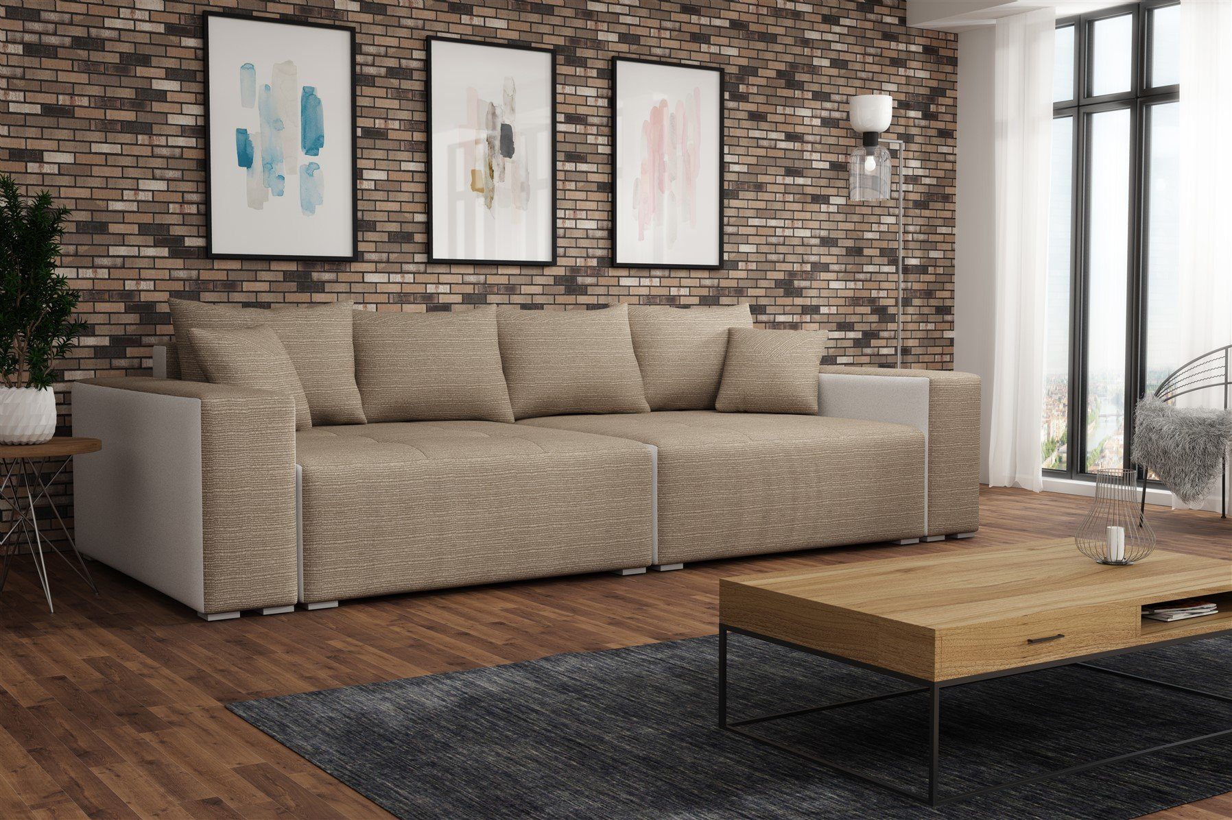 Fun Möbel Big-Sofa Big Sofa Couchgarnitur REGGIO Megasofa mit Schlaffunktion, 1 Teile, mit Schlaffunktion und Bettkästen, inkl. Rückenkissen und Zierkissen Weiss-Cappuccino