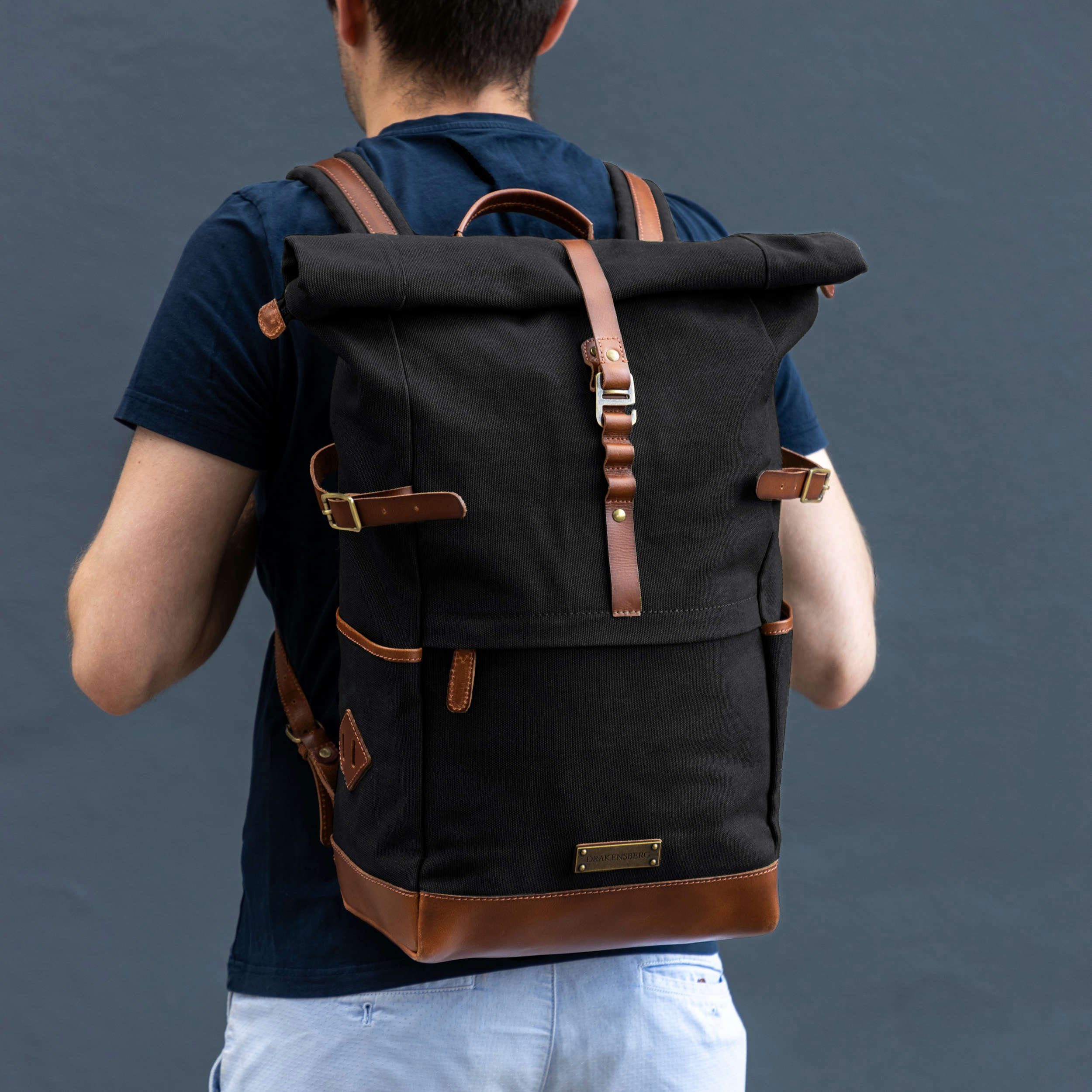 DRAKENSBERG Rucksack Roll-Top »Wyatt« Schwarz, Outdoor-Rucksack aus imprägniertem Canvas mit Leder, 15" Laptopfach