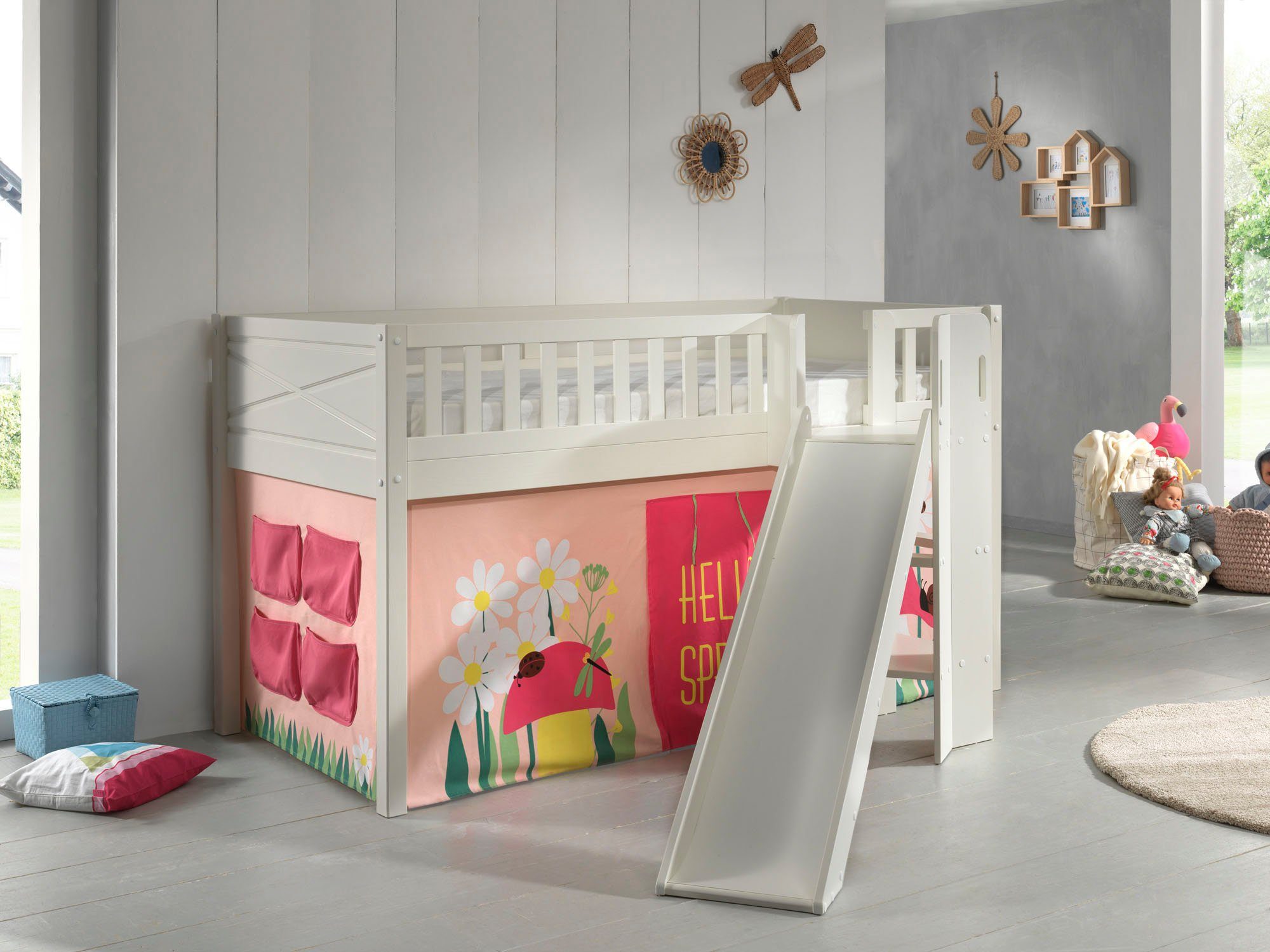Weltall Kinder-Hochbett mit Tunnel & Vorhang aus Holz Grau & Stoff