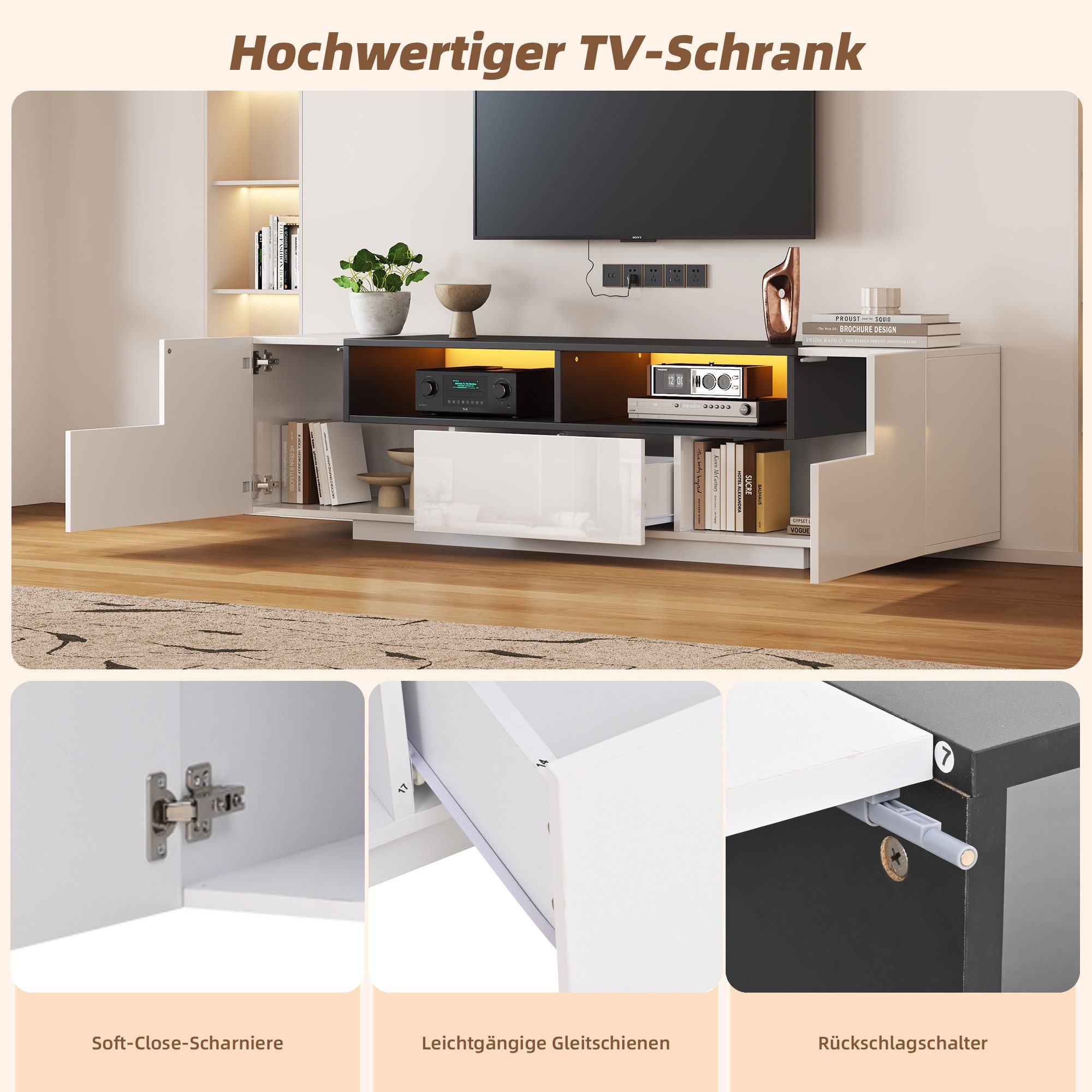 Lowboard hochglanz Fernsehschrank mit LED-Beleuchtung & App-Steuerung
