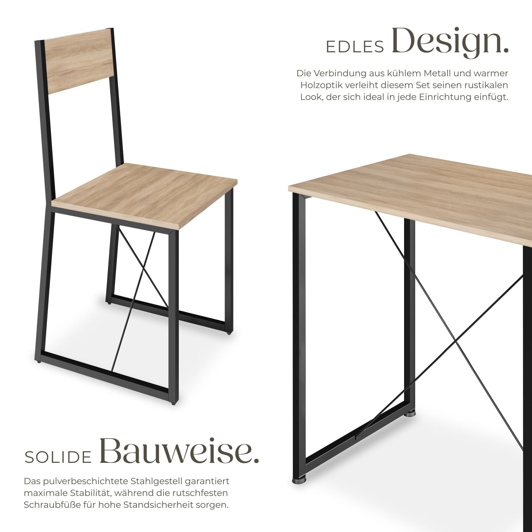 tectake Sitzgruppe Essgruppe 3-teilig, mit höhenverstellbaren Kunststofffüßen, (Loungeset Margate, 3-tlg., in Industrial Holz hell, Eiche Sonoma), Esstisch mit 2 Stühlen, Industrial Style, Holz und Stahl