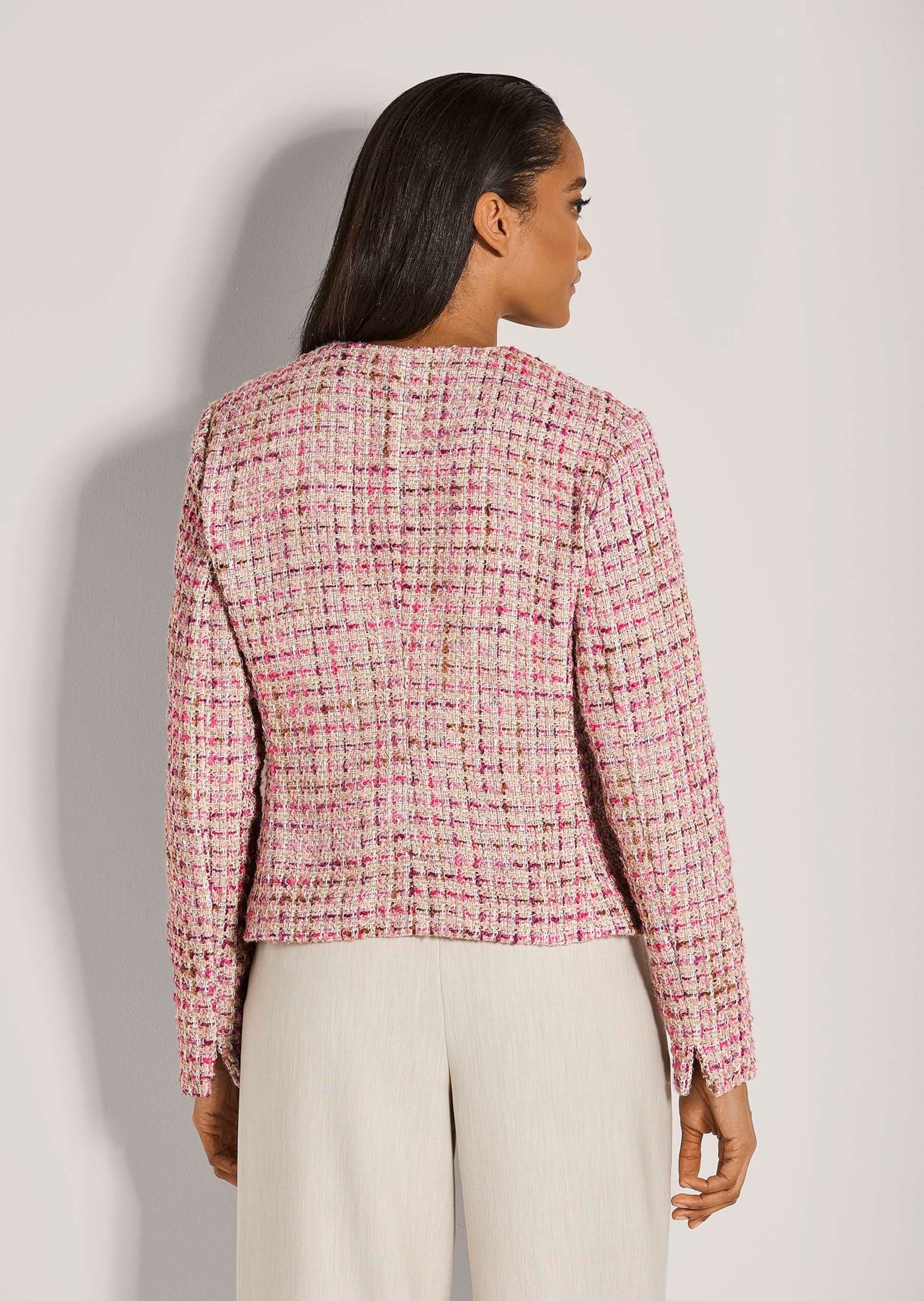 MADELEINE Kurzblazer Eleganter Businessblazer mit Hornknöpfen Kragenloser Blazer mit Glanzgarn und Langarm