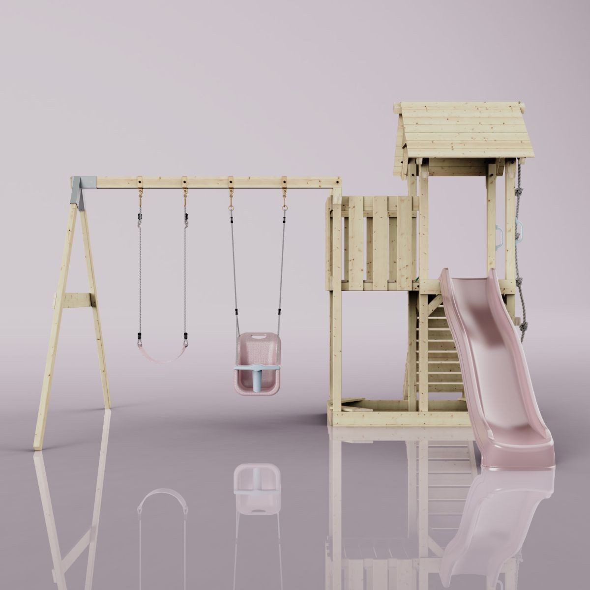 OutdoorToys Spielturm Uppsala, aus Holz in Altrosa mit Babyschaukel & Rutsche