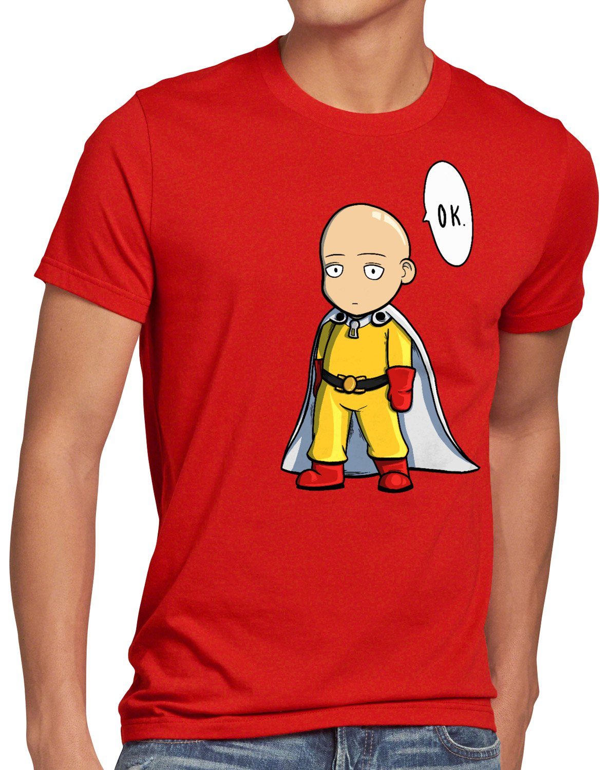 style3 Print-Shirt Herren T-Shirt Chibi Saitama one punch anime manga rot