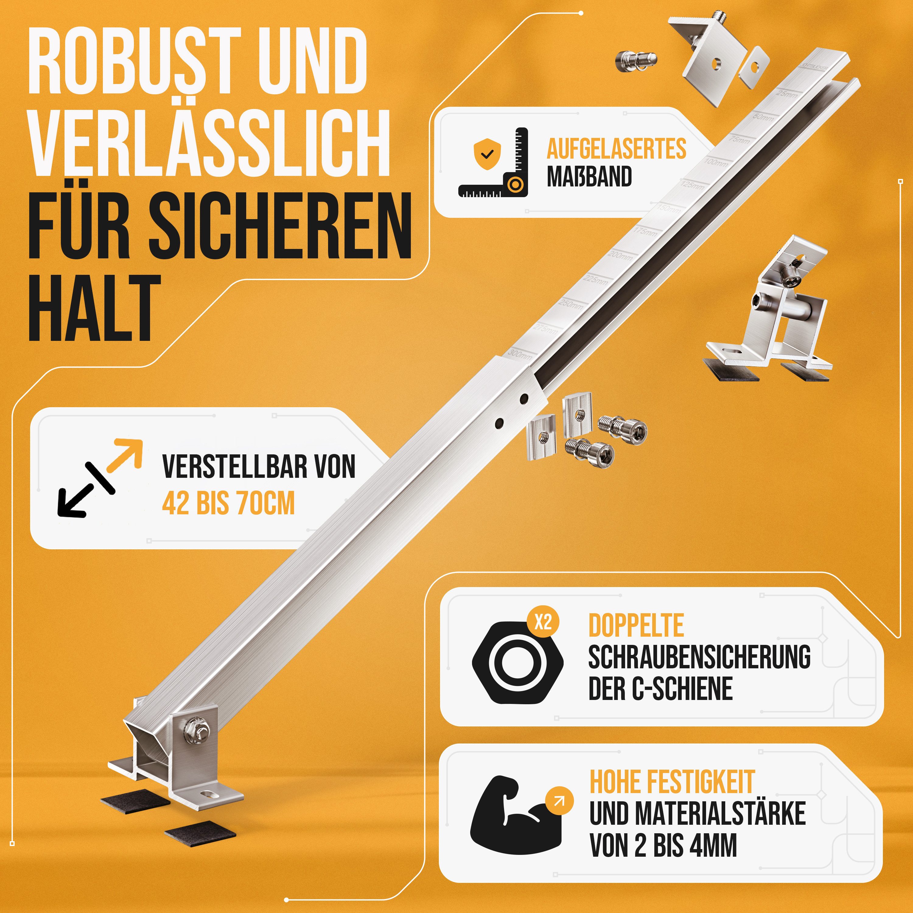 Lichtblicker Solarmodul-Halterung Balkonkraftwerk Halterung für 2x Solarmodule. Wand, Balkon, Flachdach, (verstellbar von 42 bis 70 cm, geeignet für Balkon, Wan – Bild 4 von 5