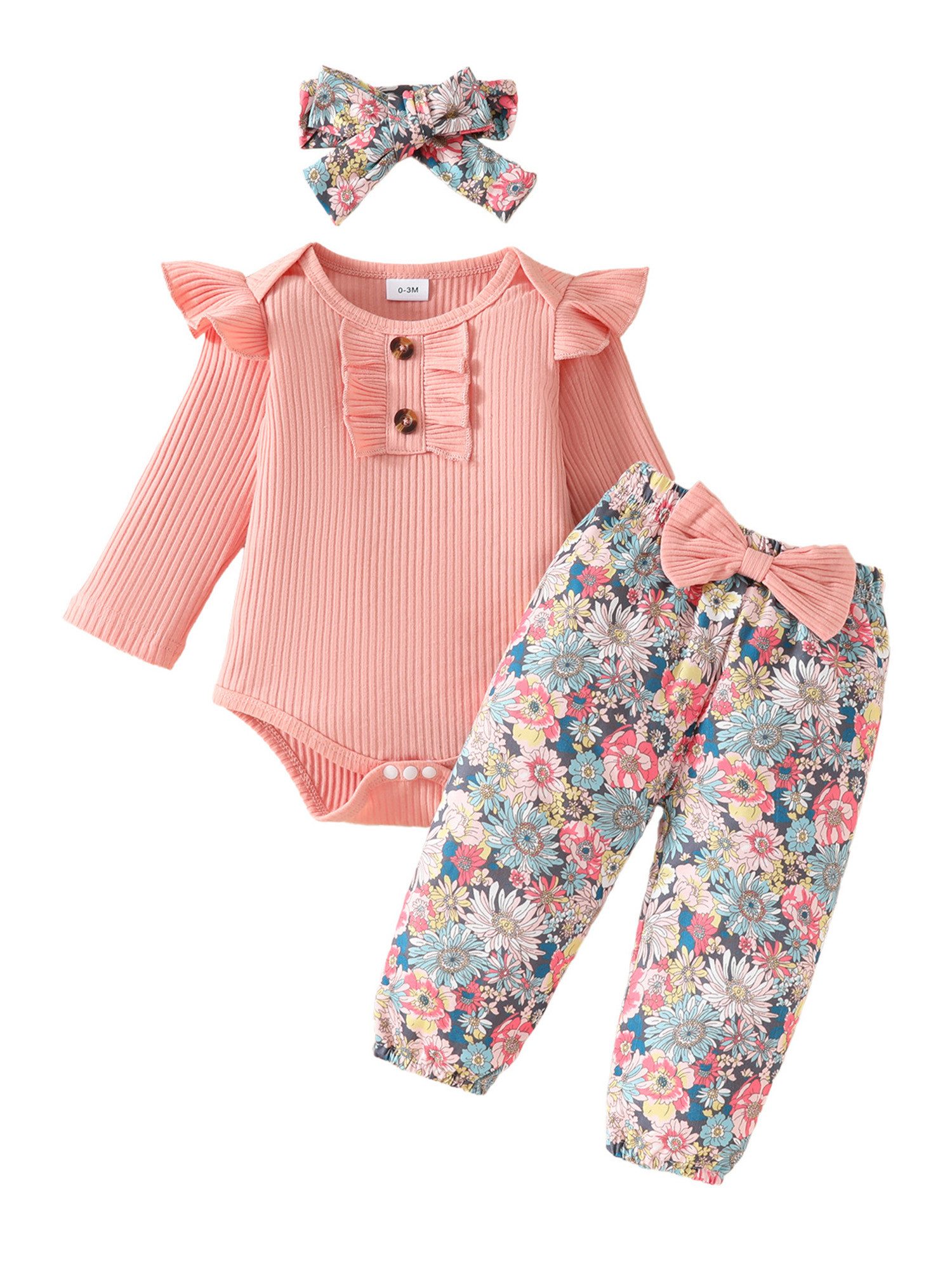 Langarmshirt & Hose Baby Mädchen Blumen Strampler+Hose Outfits Rüschen Basic Freizeitanzug