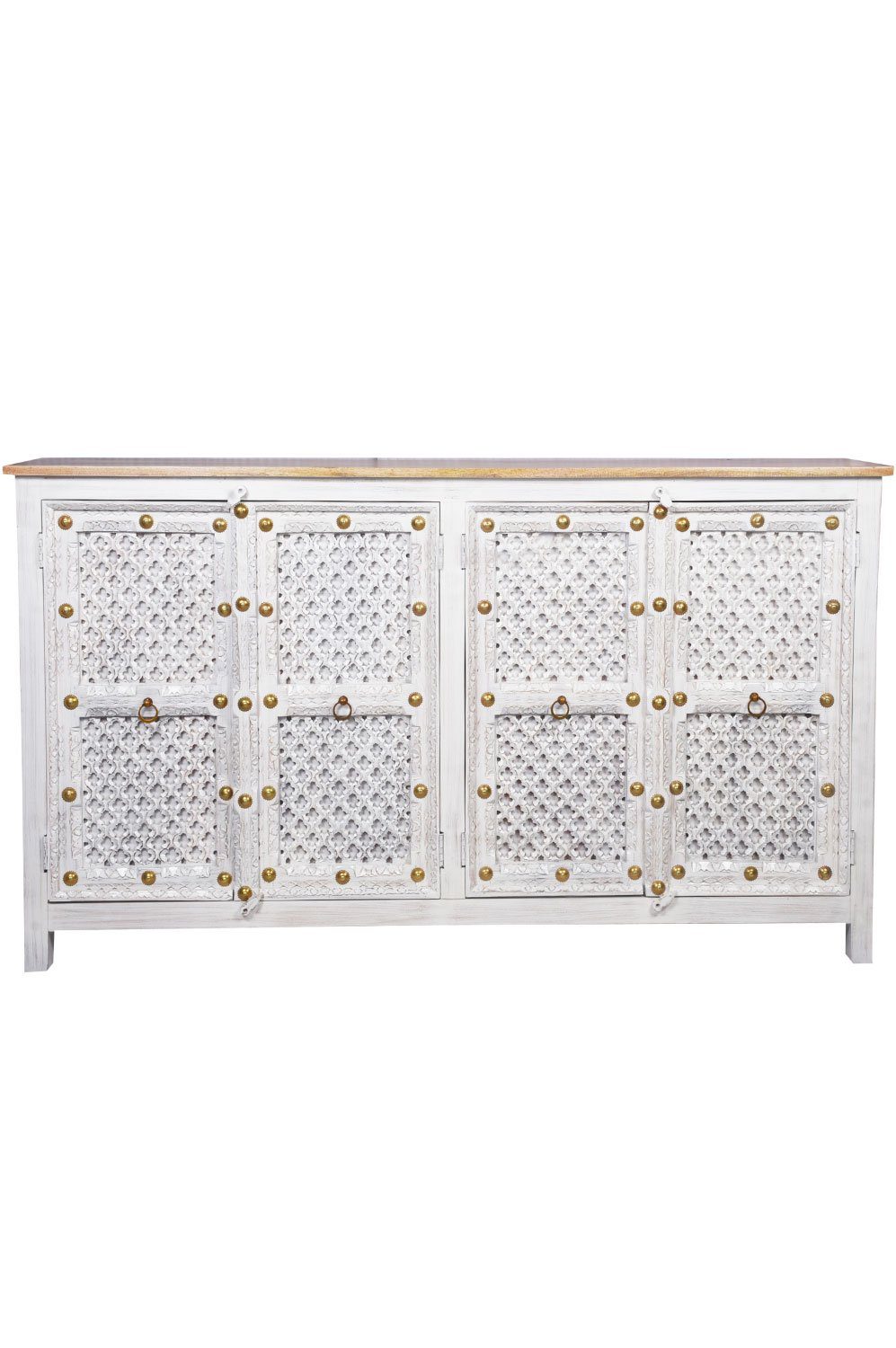 Sideboard Vintage Sideboard Kommode Hamdi aus Mangoholz, Weiß-Braun-Gold 100 cm