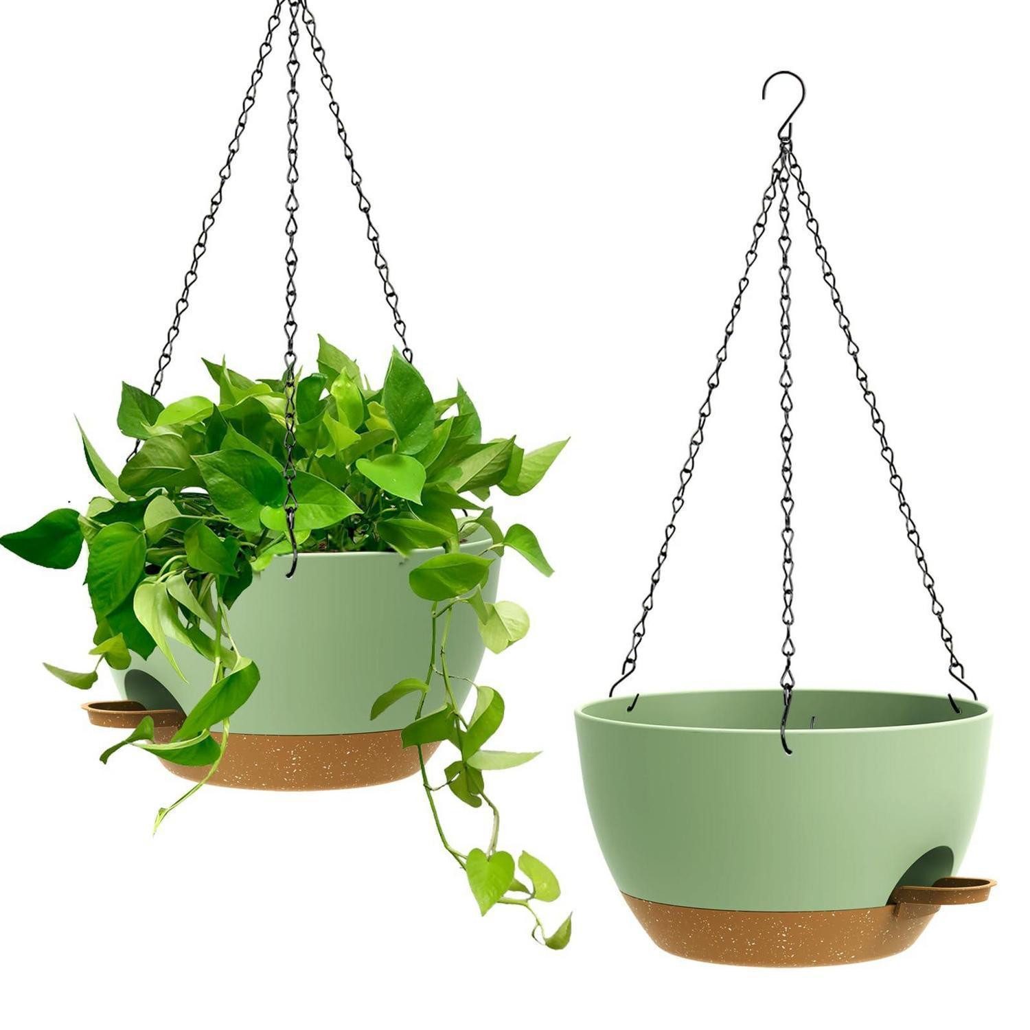 LuxusKollektion Blumentopf Blumenampel Selbstbewässernd 25cm 2erSet Drainage Grün mit Braun