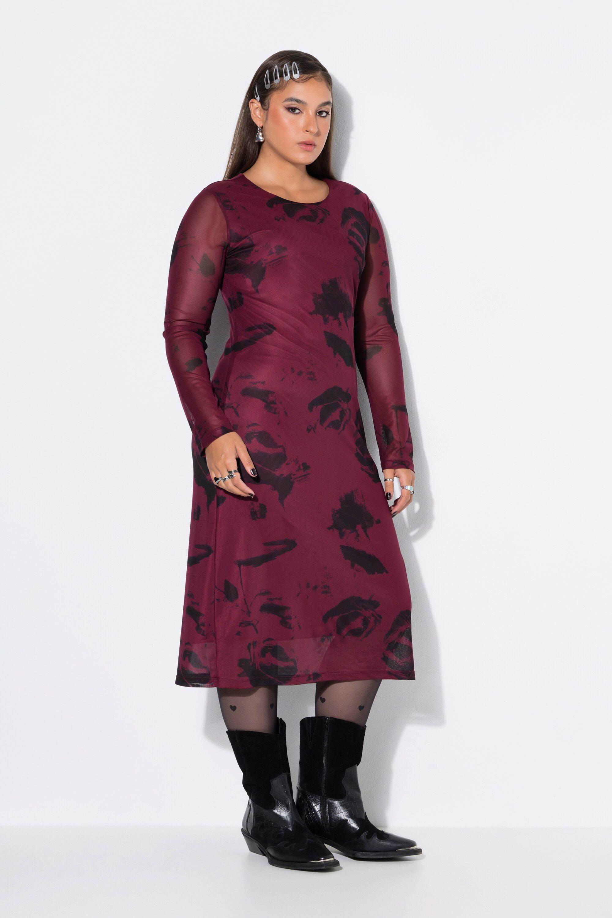 Studio Untold Midikleid Maxikleid Slim Shape Mesh mit Motiv Langarm