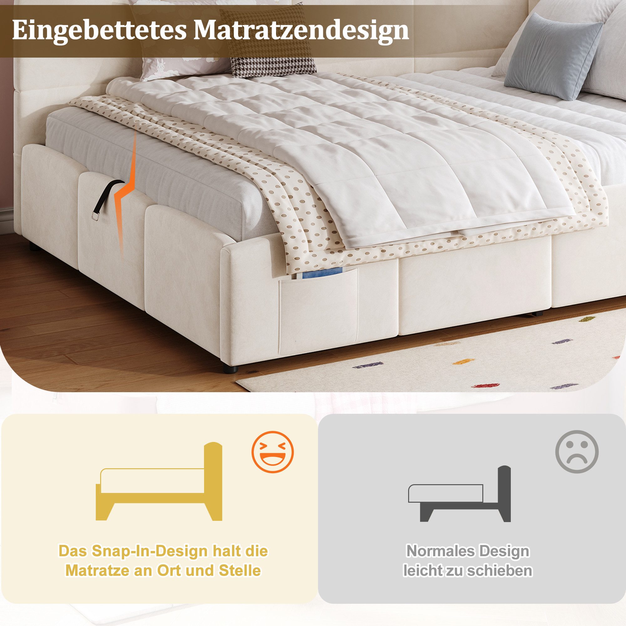 Celya Polsterbett Kinderbett, Daybett, Stauraumbett, Schlafsofa (ohne Matratze, mit Lattenrost, USB-Ladegerät, Stautasche)