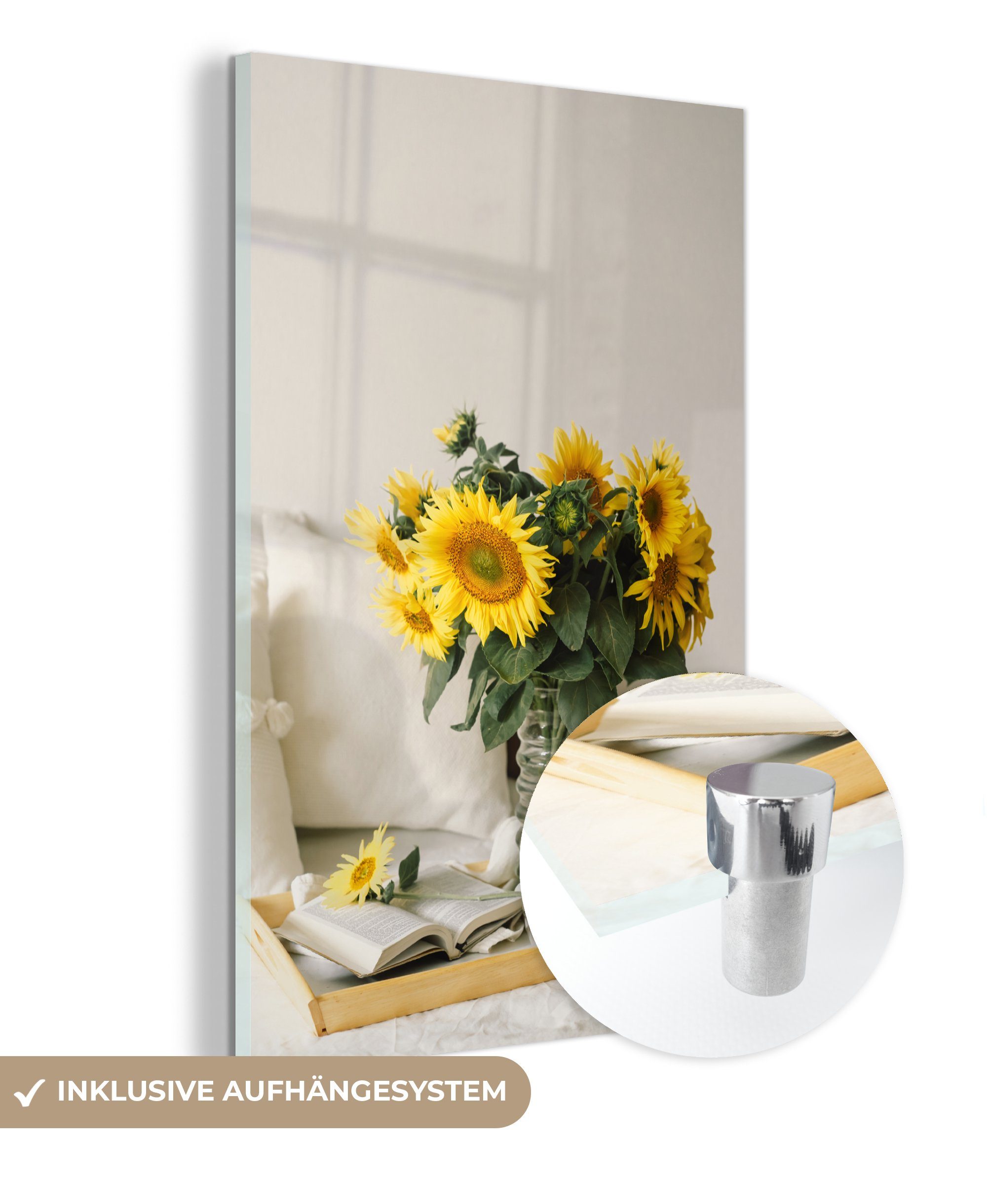 MuchoWow Acrylglasbild Stilleben - Tablett - Sonnenblumen, (1 St), Glasbilder - Bilder auf Glas Wandbild - Foto auf Glas - Wanddekoration