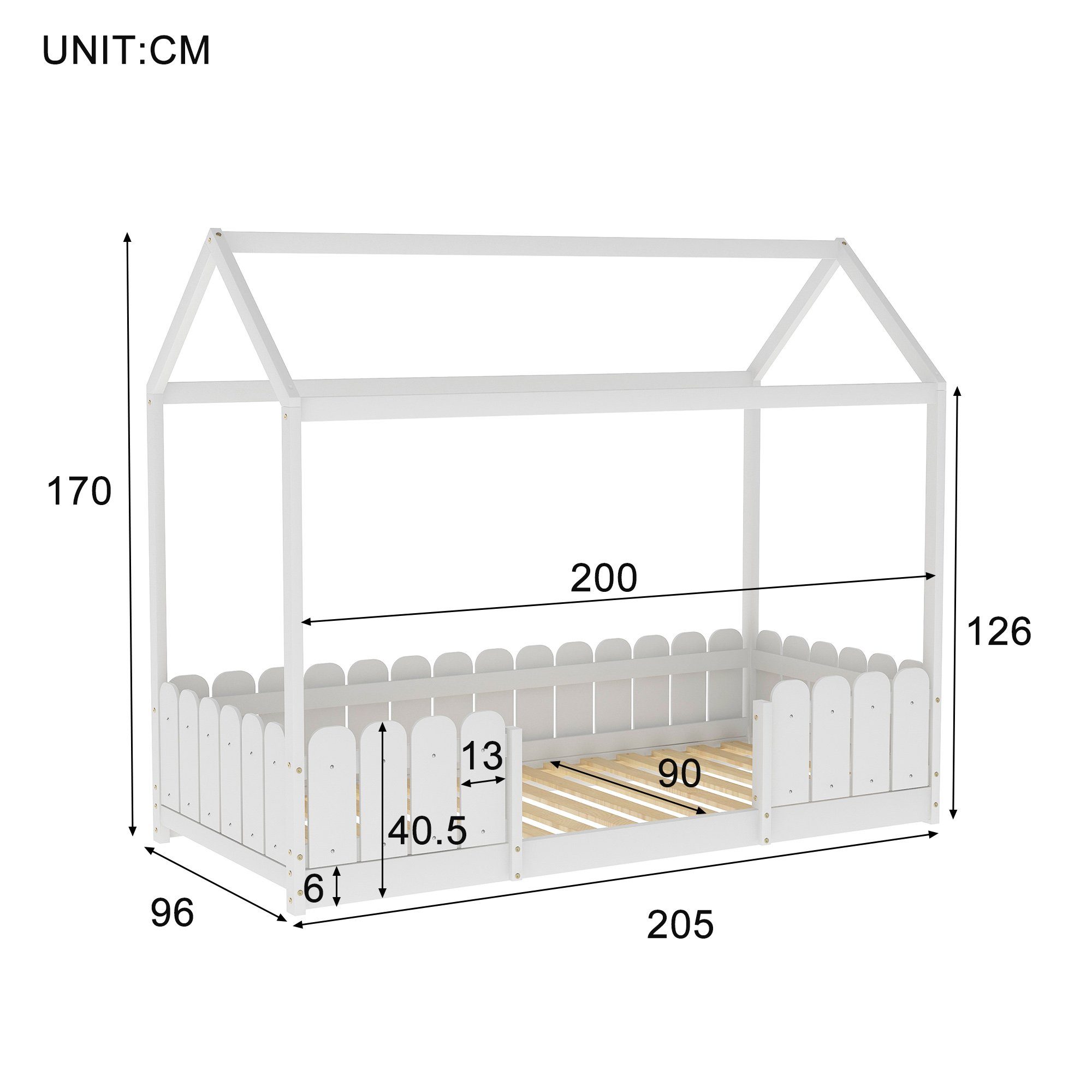Kinderbett (Hausbett für Kinder, Mädchen und Jungen), Kinderbett 90 x 200 cm mit Rausfallschutz und Lattenrost