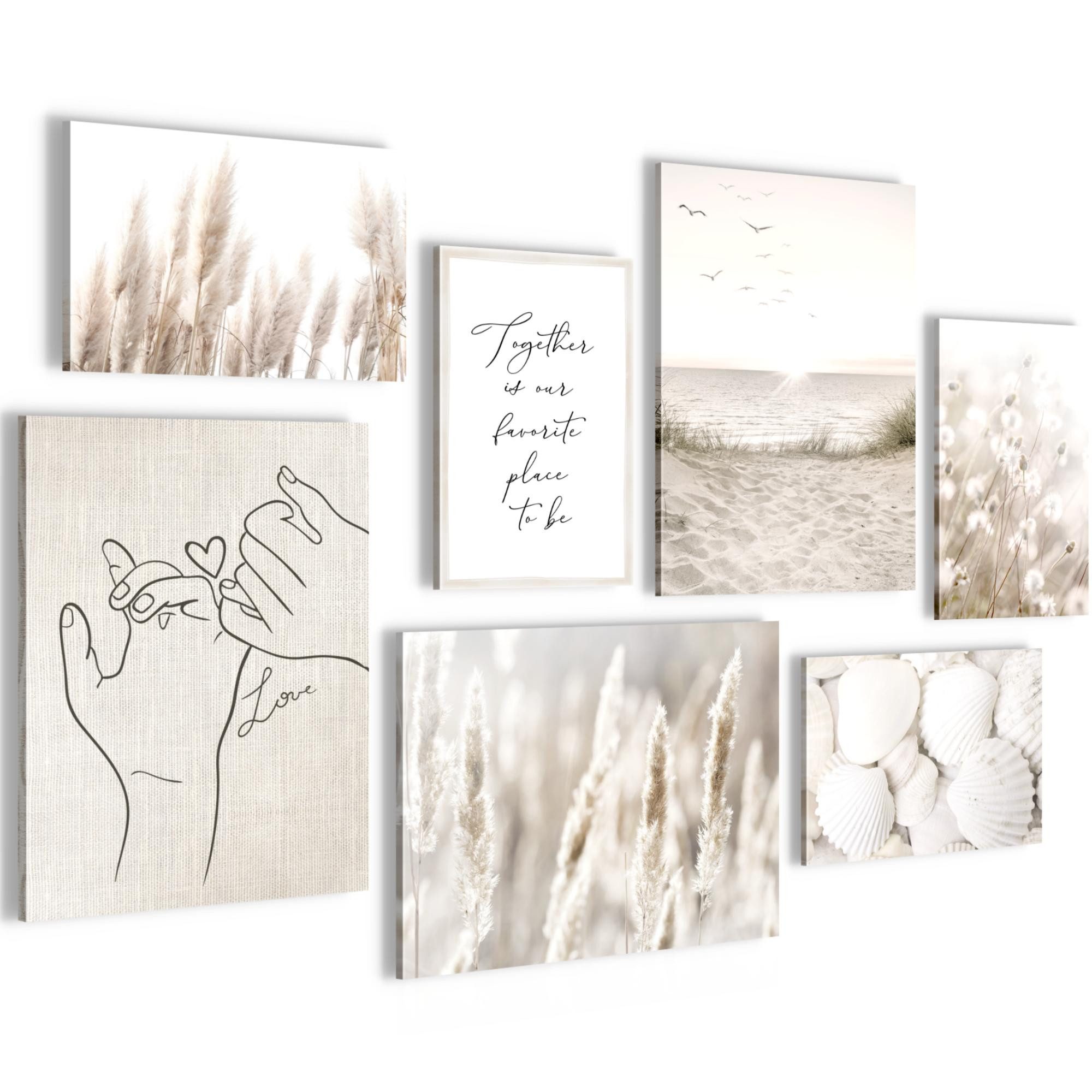 Novart Wandbild Boho Style Strand Meer Natur Wohnzimmer Schlafzimmer Boho 100x70cm, Pampas (7 St)