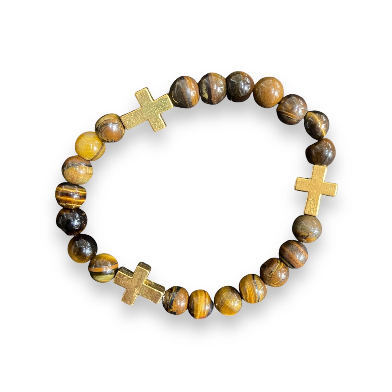 Perlenarmband Tigerauge Edelstein Armband mit 3 Kreuzen und 21 Perlen