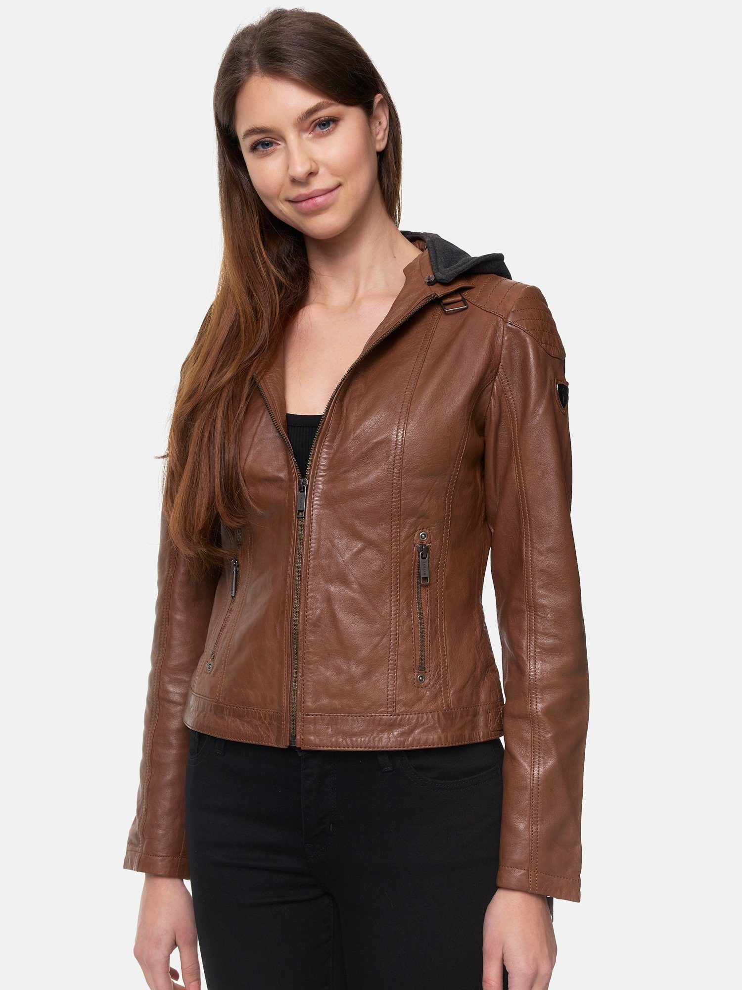 Damen F503 Biker abnehmbarer Lederjacke Tazzio Jacke im Kapuze mit Leder Look camel