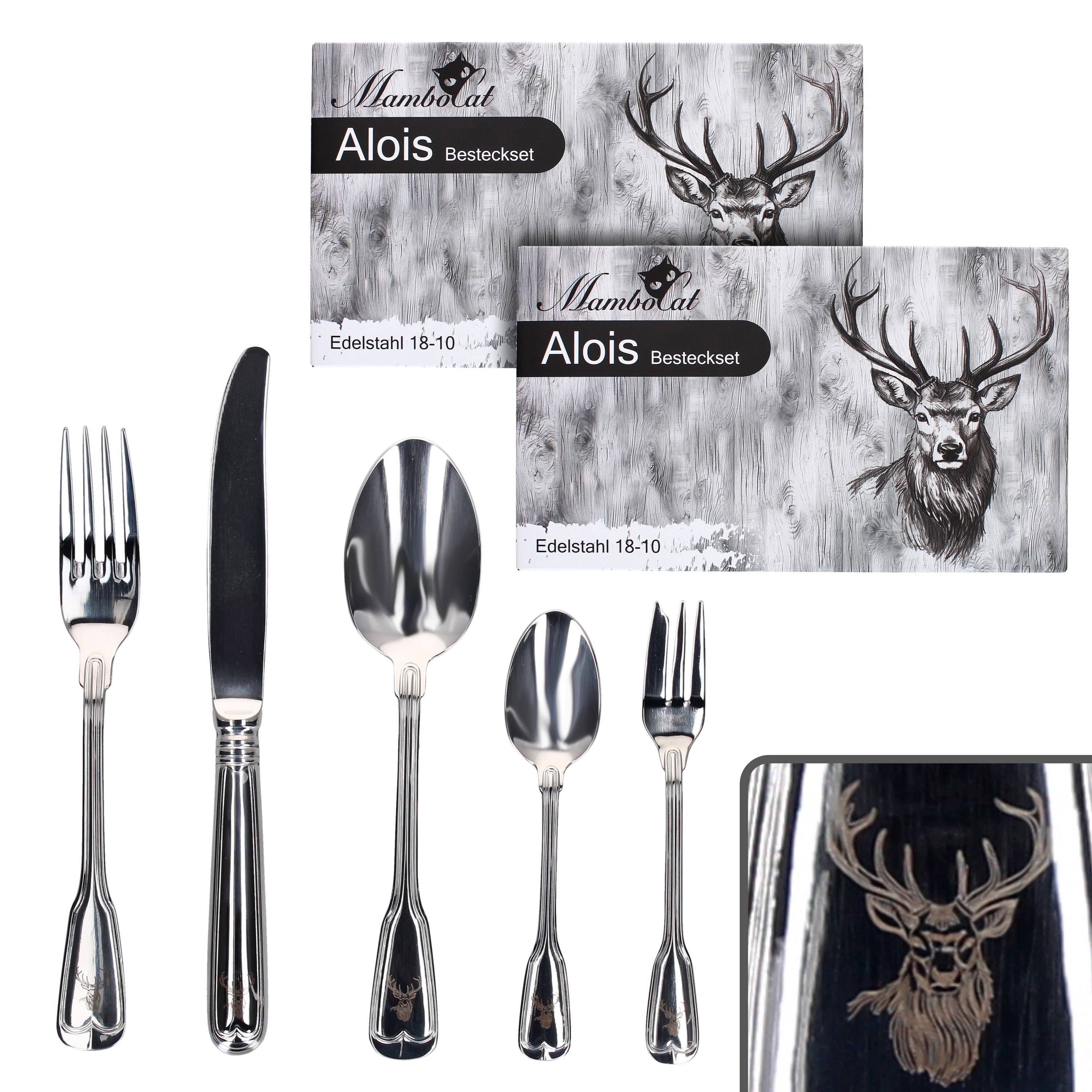 MamboCat Besteck-Set 60tlg Alois Komplett-Besteck-Set 12 PersonenEdelstahl Hirsch, Edelstahl