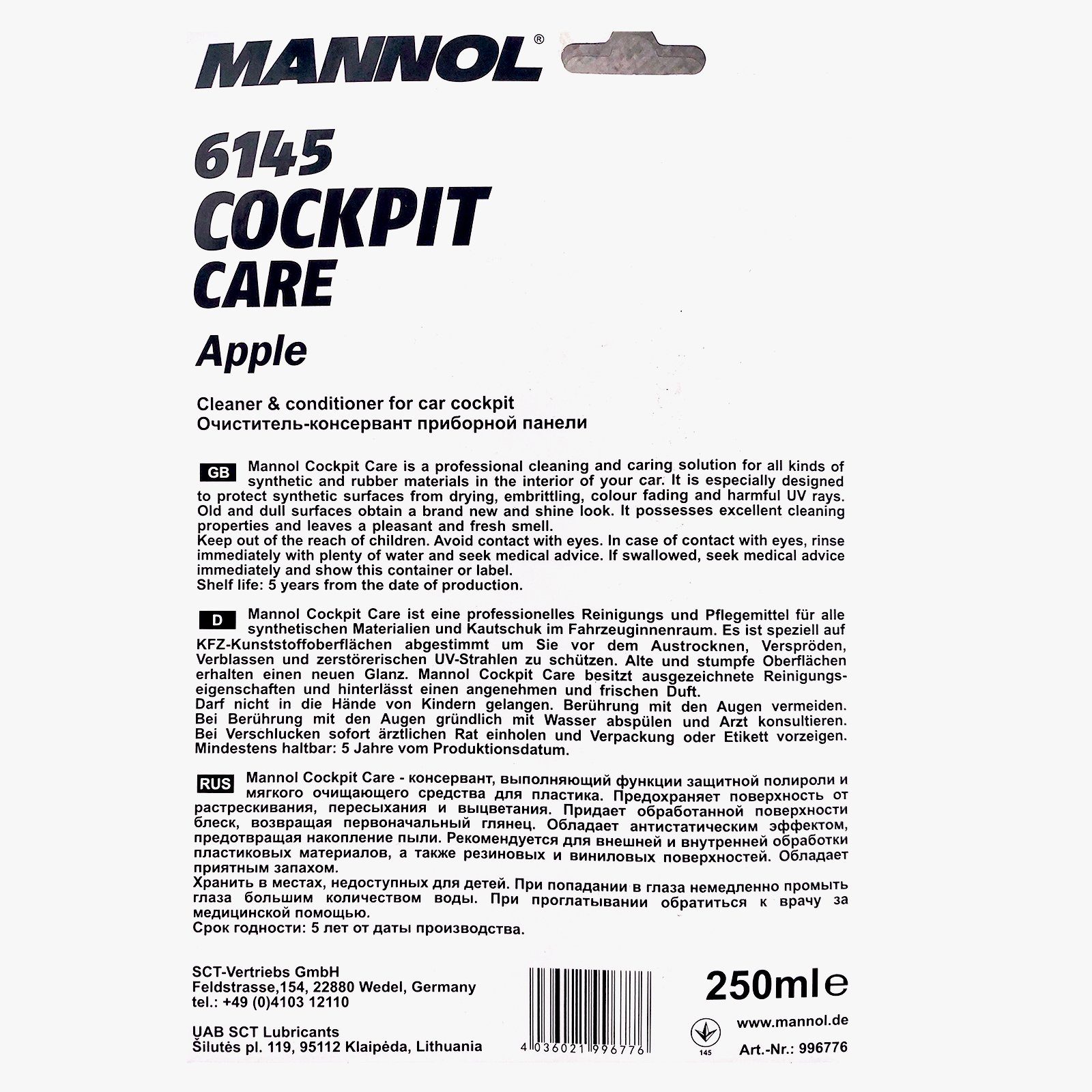 Apple, Schwamm oder incl. Vanilla, ml Mannol Car Care 250 Duftnoten: Cockpit [1-St) (verschiedene Innenraumpflege Cockpit-Reiniger Auto New