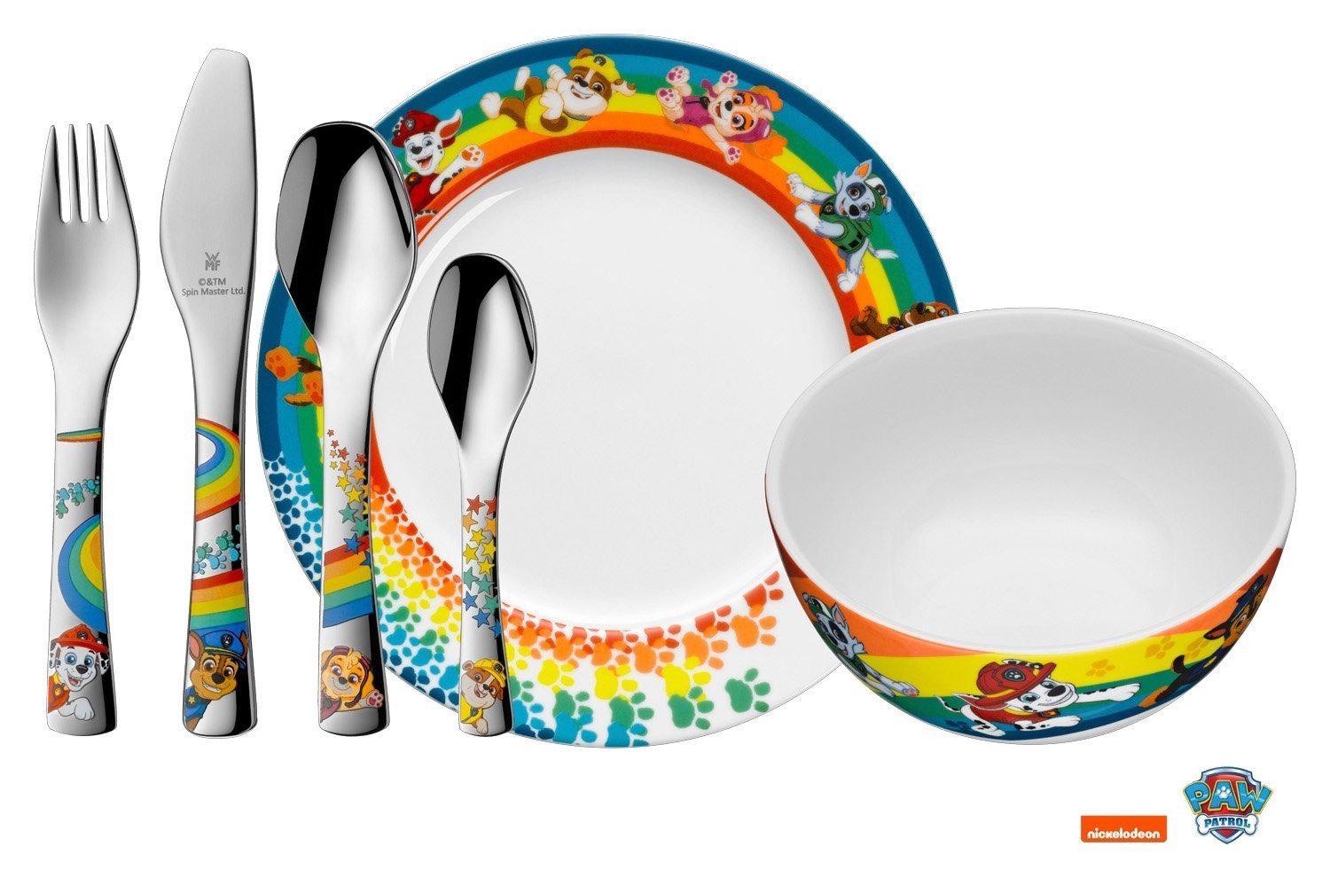 WMF Kinderbesteck mit Teller & Müslischale PAW PATROL, 6-teilig, (6-tlg), 1 Personen, Cromargan Edelstahl 18/10, Porzellan, Cromargan Edelstahl 18/10, Porzellan, Spülmaschinenfest