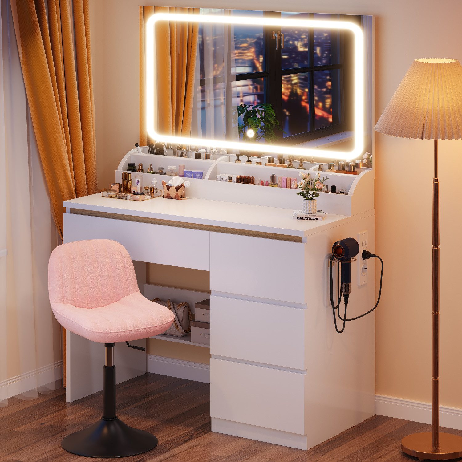 HOMALL Schminktisch Schminktisch mit 80 cm Spiegel und LED-Beleuchtung (Abmessungen: 80 × 40 × 137 cm Mit vier Schubladen und sechs Staufächern Drei einstellbare Farbtemperaturen Zwei USB-Ladeanschlüsse, zwei Netzsteckdosen und eine Halterung für einen Ha