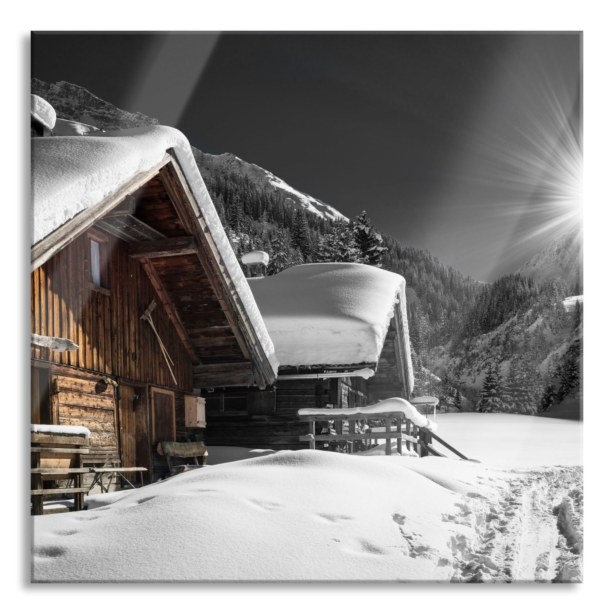 aus Glasbild Abstandshalter St), Alpenhütten und Glasbild Pixxprint Alpenhütten, (1 inkl. Echtglas, Aufhängungen