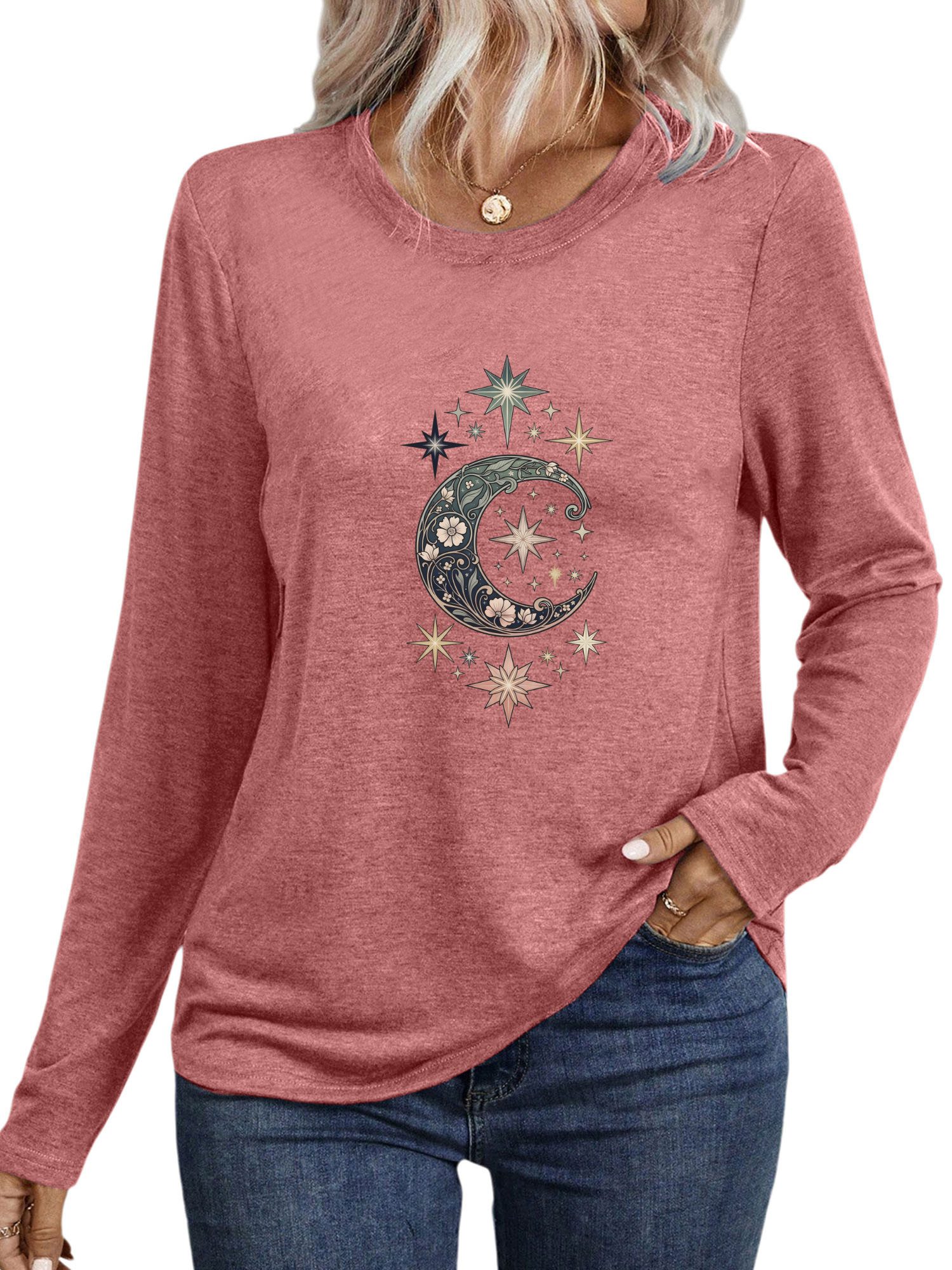 PYLIKE Print-Shirt Damen Rundhalsausschnitt Longsleeve mit Mondkarte Print-Shirt Geeignet für den täglichen Gebrauch im Büro und zu Hause – Bild 2 von 5