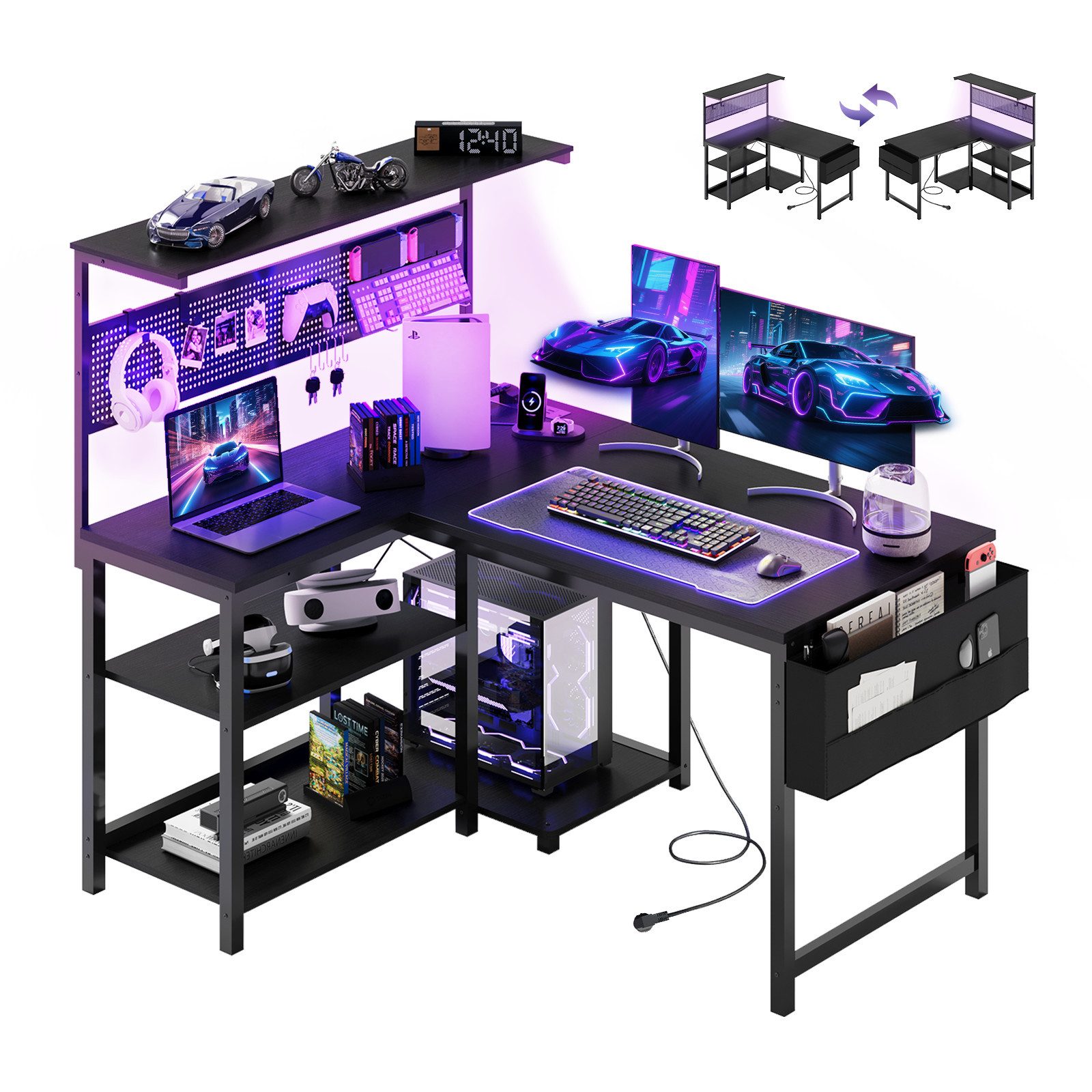 YOUDENOVA Gamingtisch Gaming Schreibtisch L Form 120x80cm mit LED Steckdose Regal Schwarz (1-St)