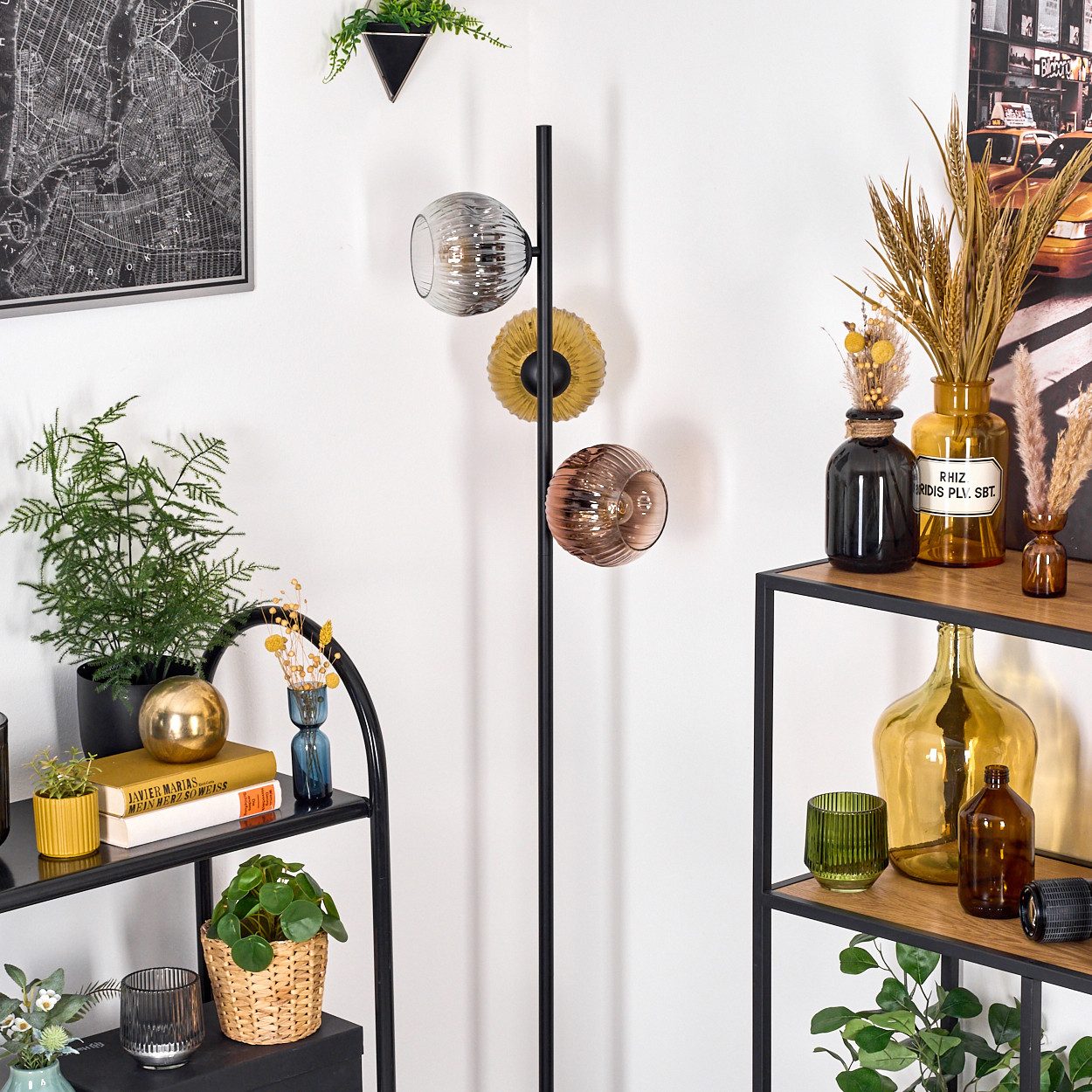 hofstein Stehlampe Stehlampe aus Metall/Riffelglas in Schwarz/Gold/Kupfer/Rauch/Klar, Leuchte im Retro-Design (Schirme 15cm), Fußschalter, 160cm, E14