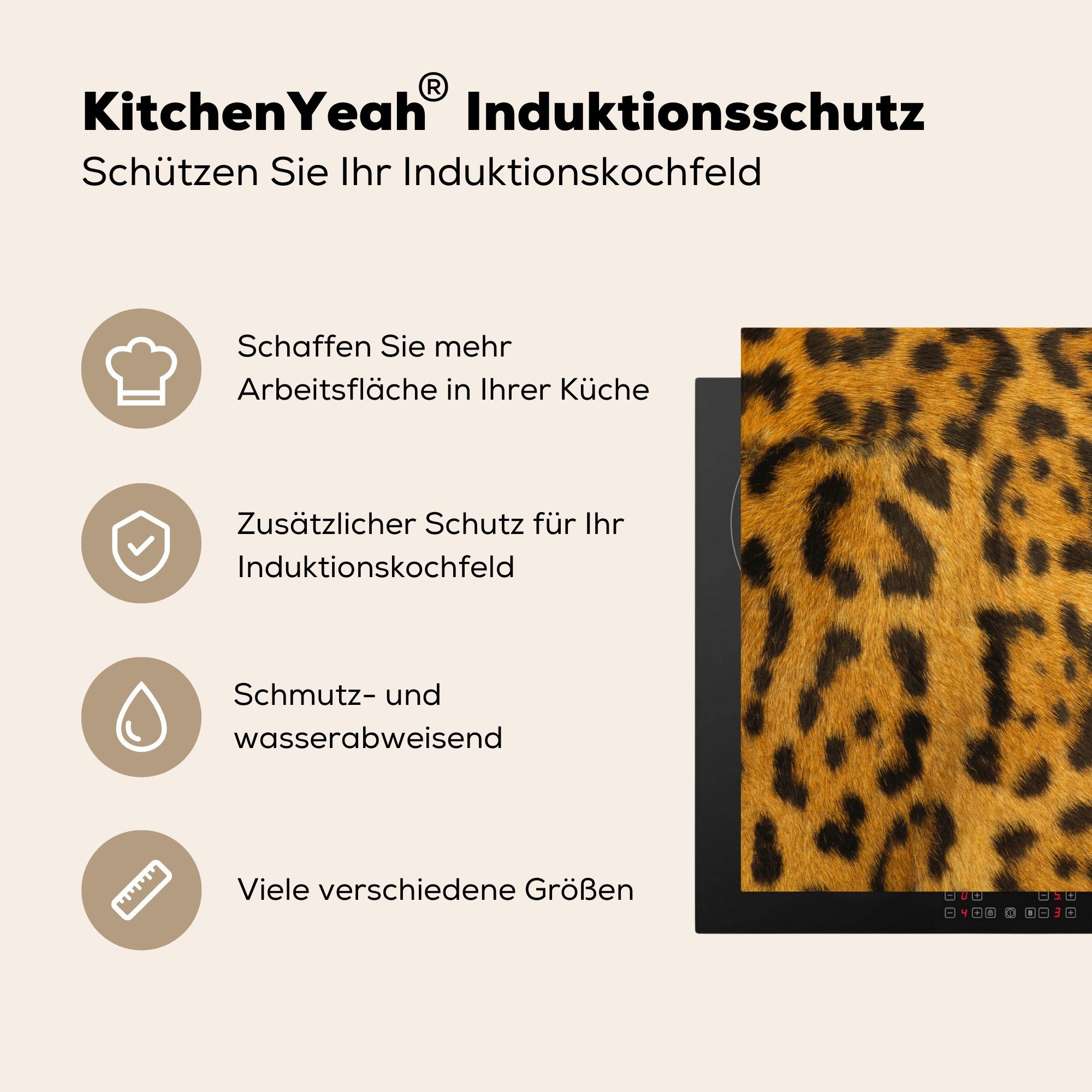 Induktionskochfeld Ceranfeldabdeckung Vinyl, cm, Herdblende-/Abdeckplatte die küche, 81x52 Schutz tlg), Leopardenfell, (1 für MuchoWow