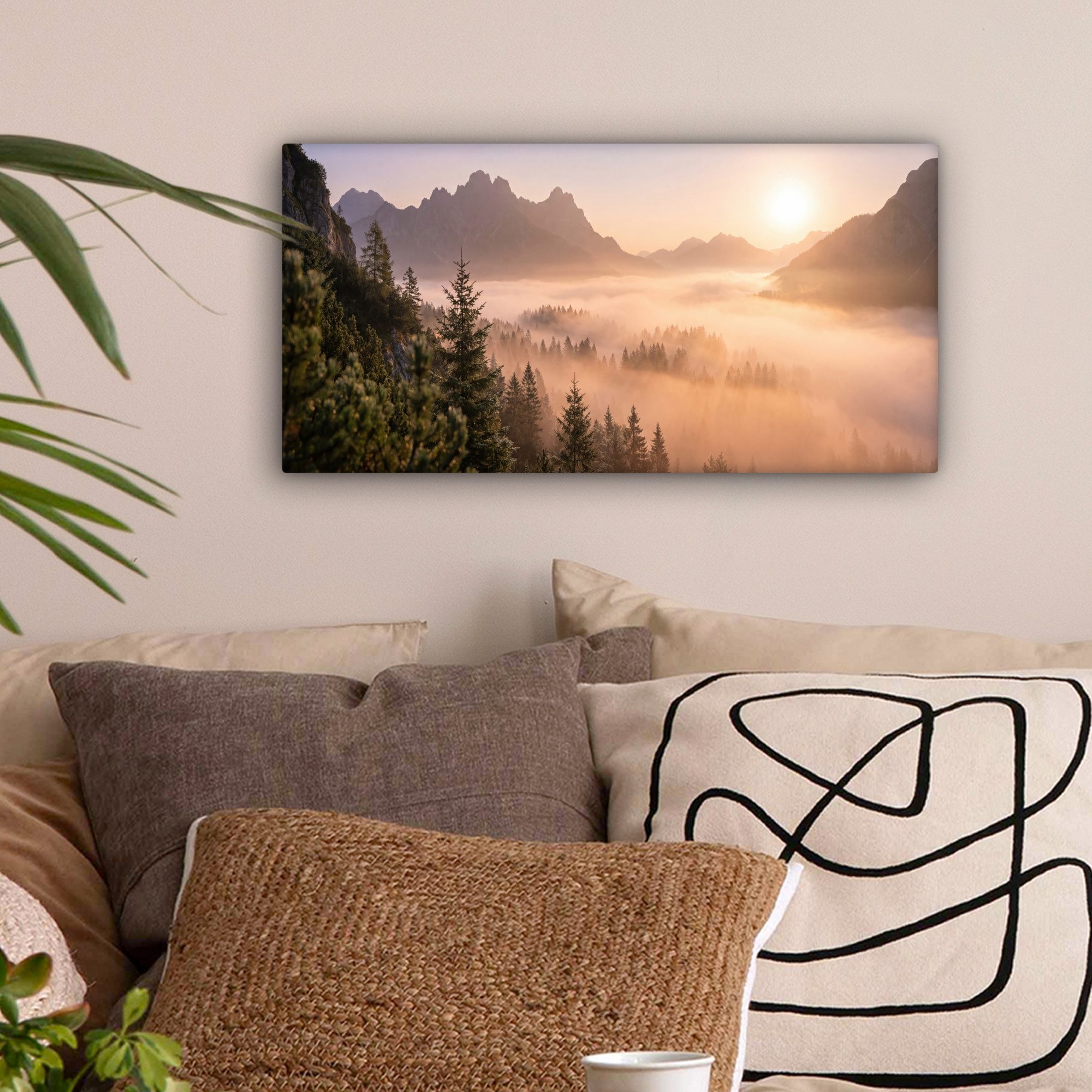 OneMillionCanvasses® Leinwandbild Panorama Sonnenlicht - Nebel - Berge - Bäume, Fotodruck (1 St), Wandbild, Deko Schlafzimmer Wohnzimmer Flur 40x20 cm – Bild 2 von 5