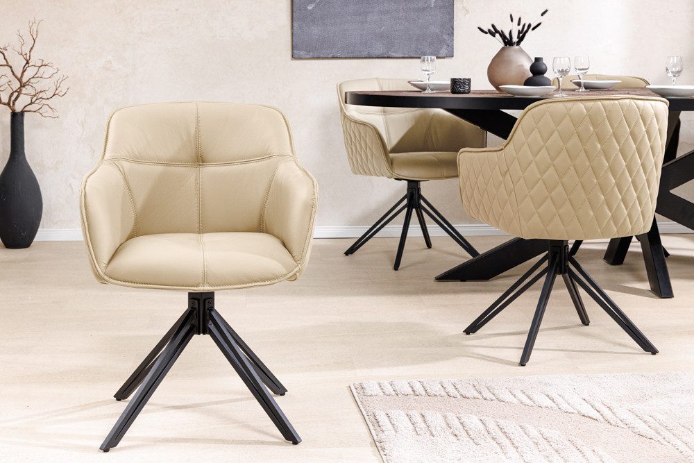 riess-ambiente Polsterstuhl EUPHORIA beige/schwarz – Echtleder, drehbar, Metall-Füße, mit Armlehne (Einzelartikel, 1 St), mit 180° Drehfunktion und Autoreturn – ideal für elegante Esszimmer