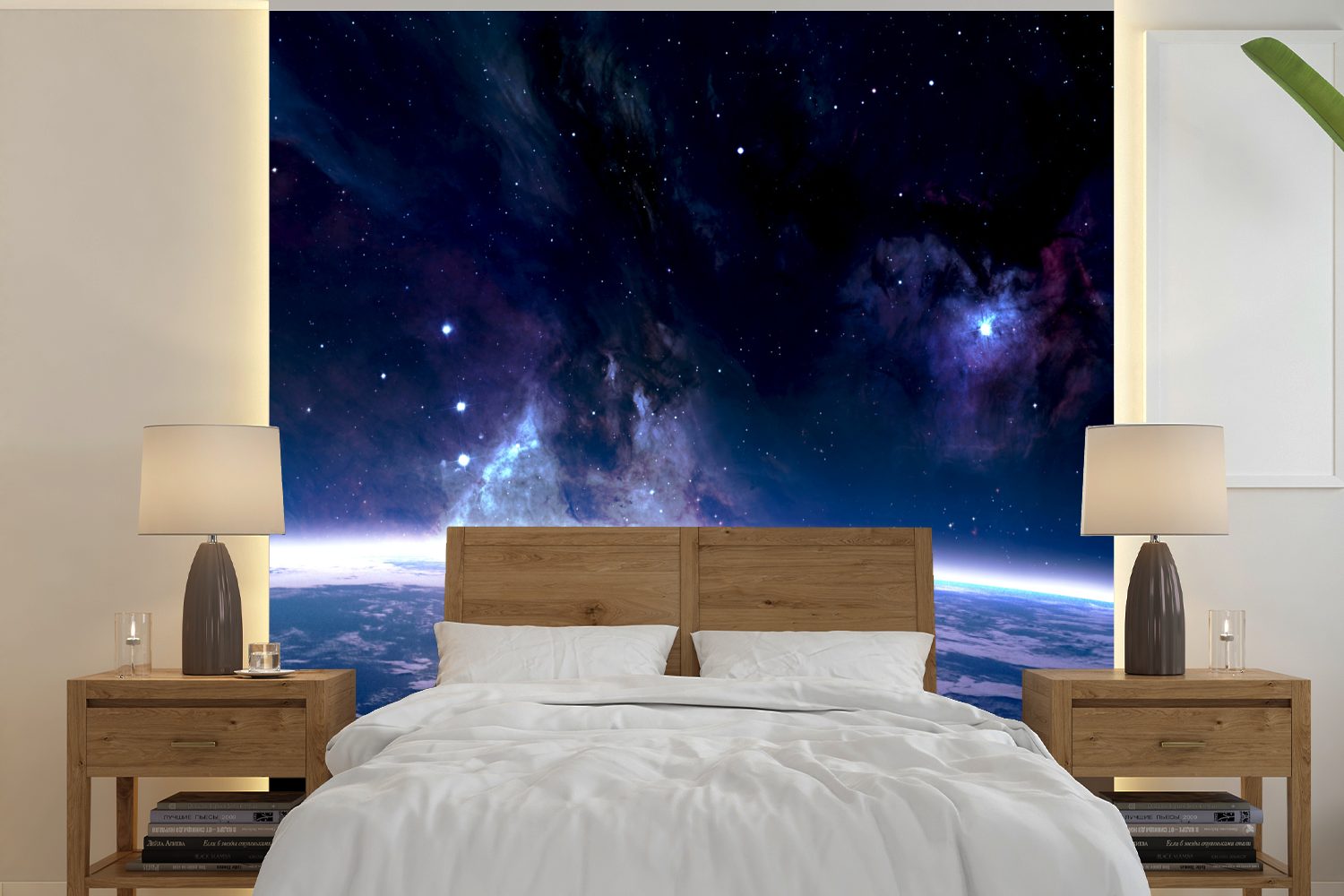 Fototapete (5 MuchoWow - Sterne Weltraum, Erde Wohnzimmer für Schlafzimmer, Wandtapete Vinyl - Tapete Matt, St), bedruckt, oder