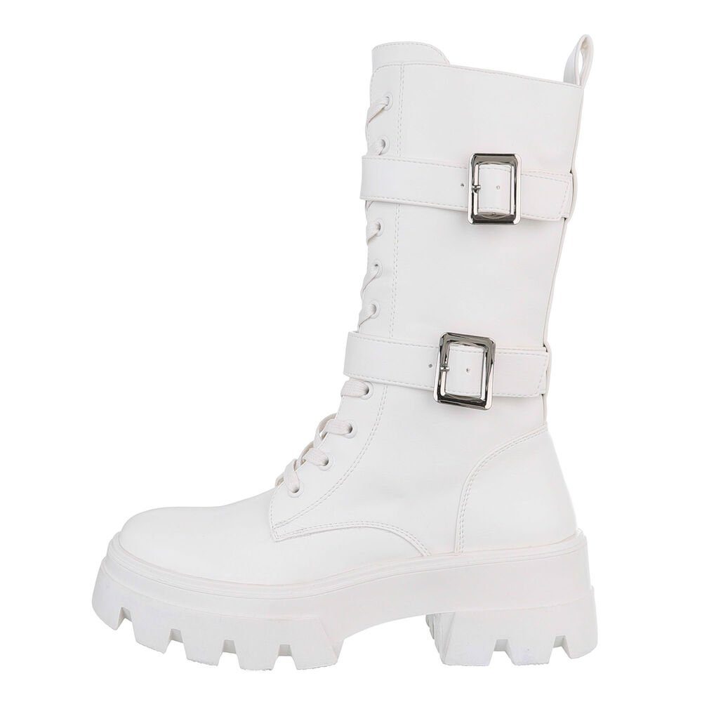 Ital-Design Damen Schnürschuhe Freizeit Plateaustiefel (84989556) Blockabsatz Schnürstiefel in Weiß