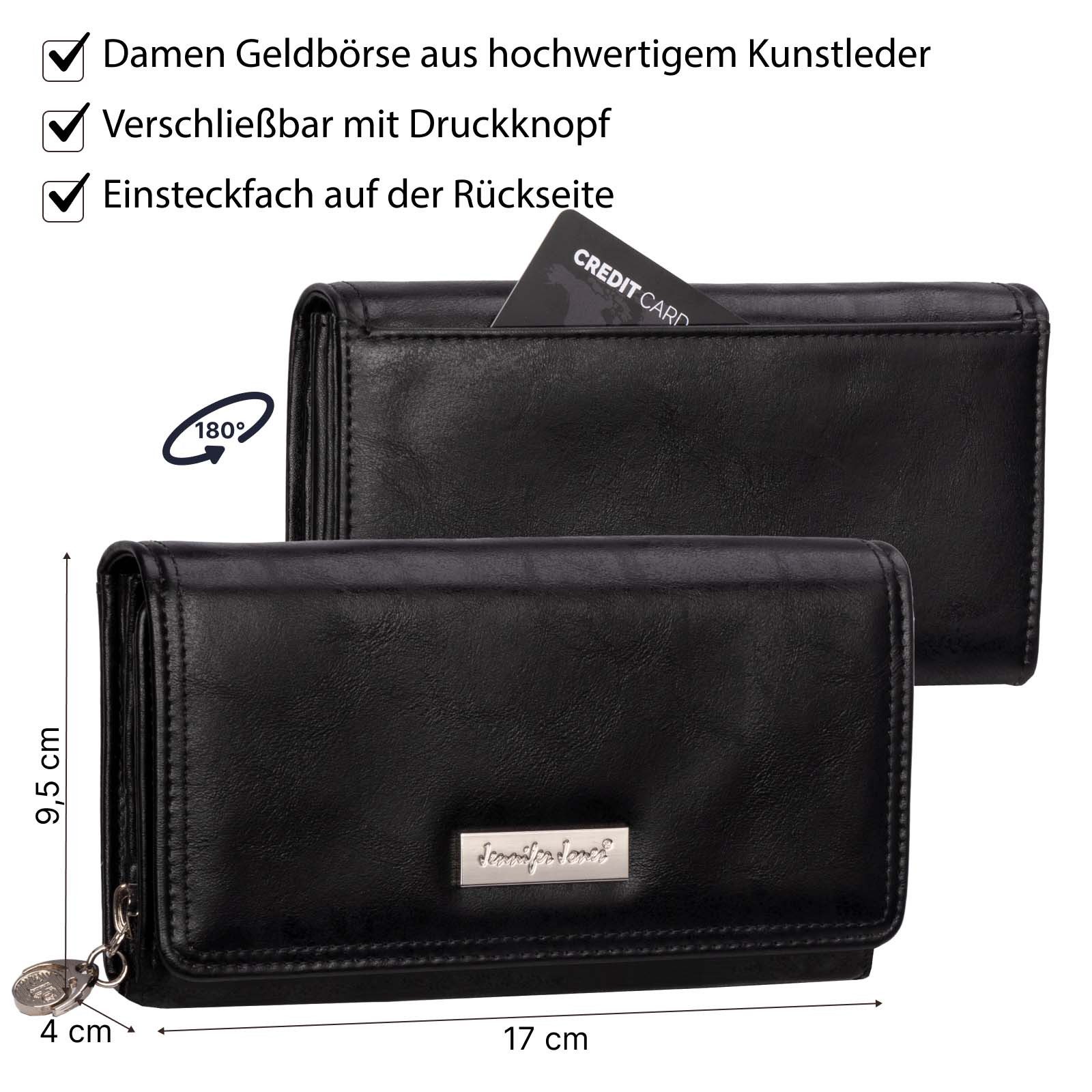 Jennifer Jones Geldbörse JENNIFER JONES Damen Geldbörse Portemonnaie Schwarz, Damen Geldbörse klappbar mit Reißverschluss Portemonnaie Geldbeutel