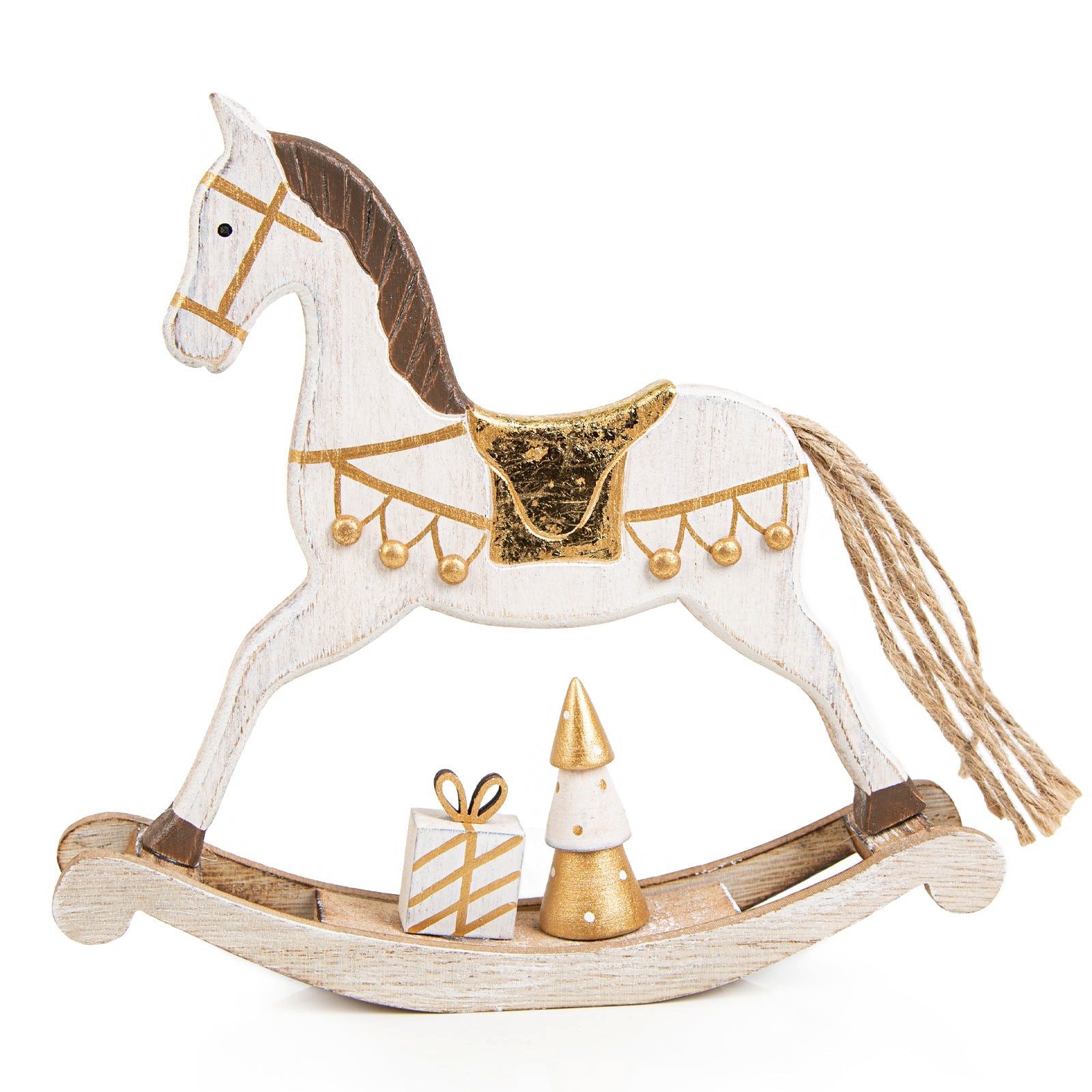 Logbuch-Verlag Dekofigur Schaukelpferd Figur edel Gold weiß aus Holz - Weihnachtsdeko 18 cm