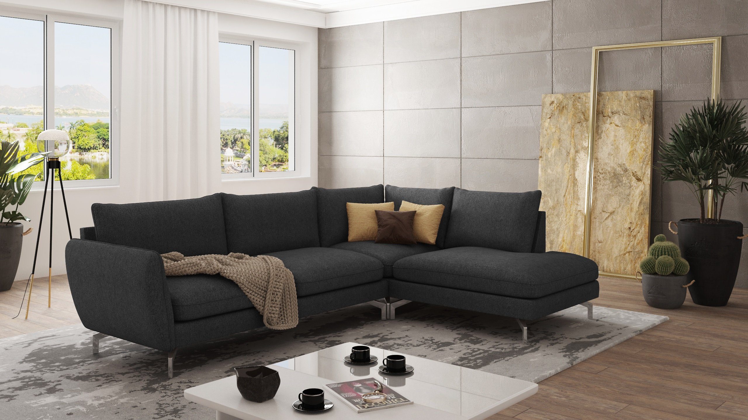 S-Style Möbel Ecksofa Modernes Benita mit Silber Metall Füßen, mane links oder rechts bestellbar, mit Wellenfederung Graphit