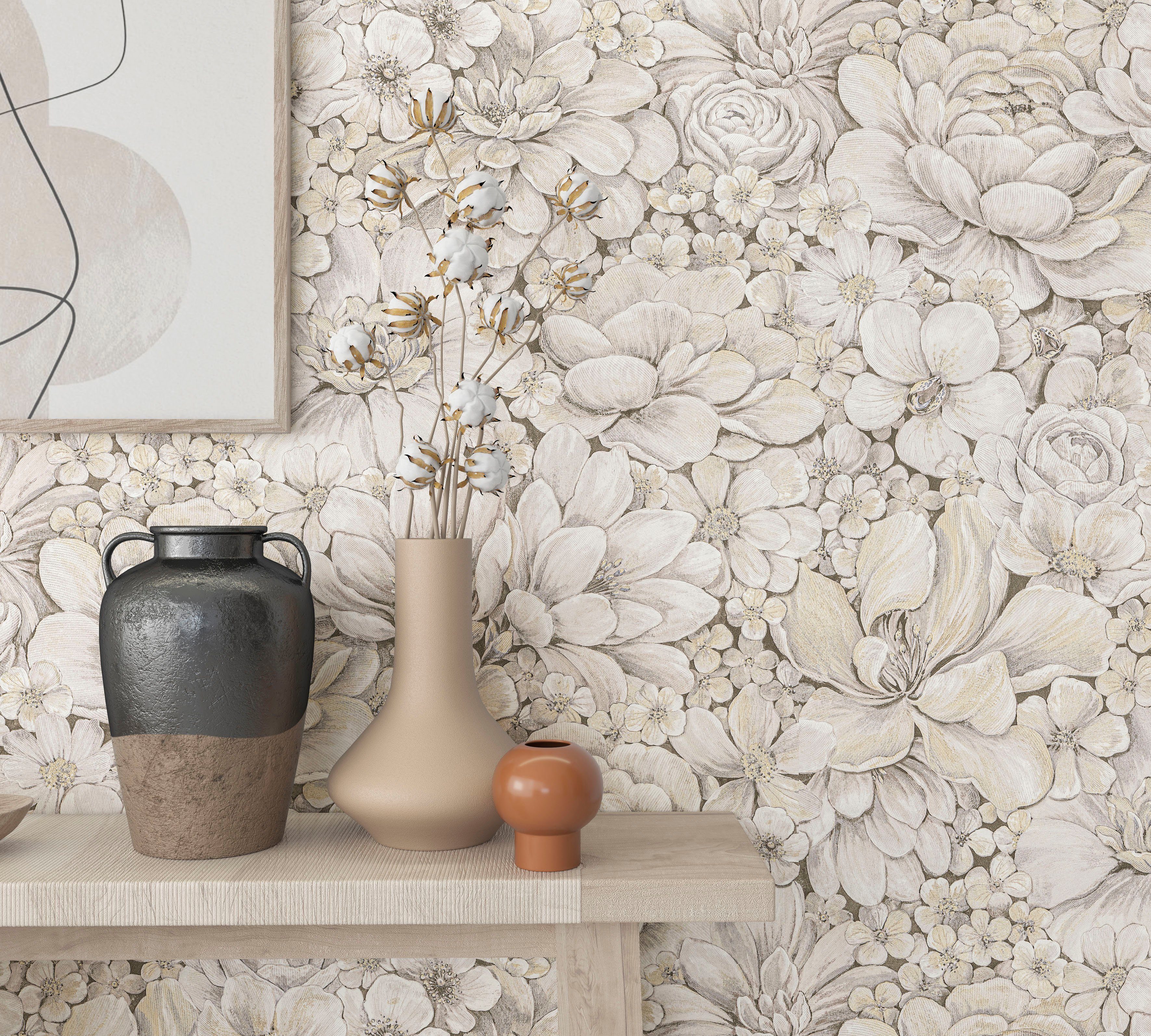 Marburg Vliestapete Flower, geprägt, matt, Blattmotiv moderne Vliestapete für Wohnzimmer Schlafzimmer Küche creme
