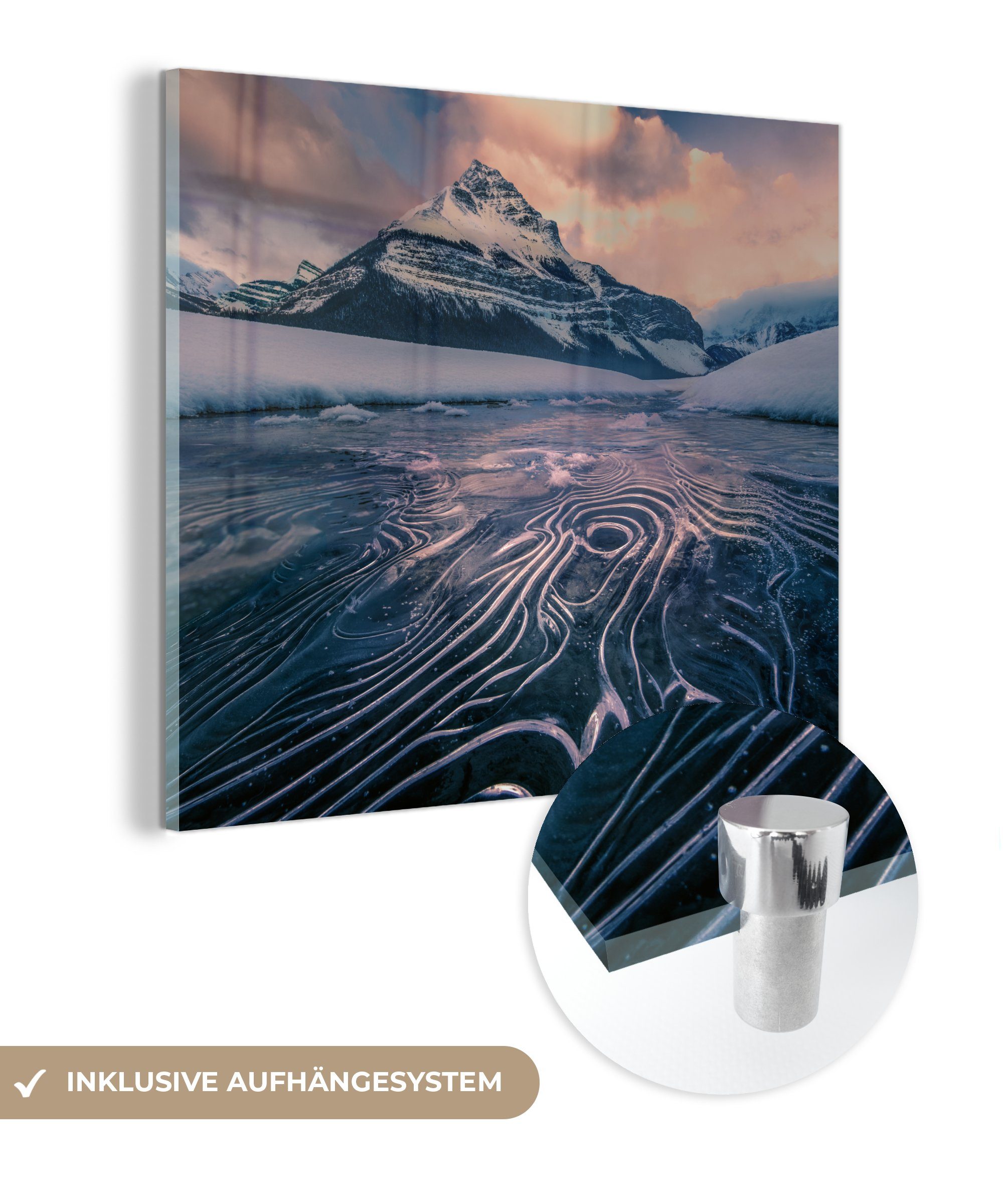 MuchoWow Acrylglasbild Winterlandschaft mit Eis bei Sonnenuntergang, (1 St), Glasbilder - Bilder auf Glas Wandbild - Foto auf Glas - Wanddekoration