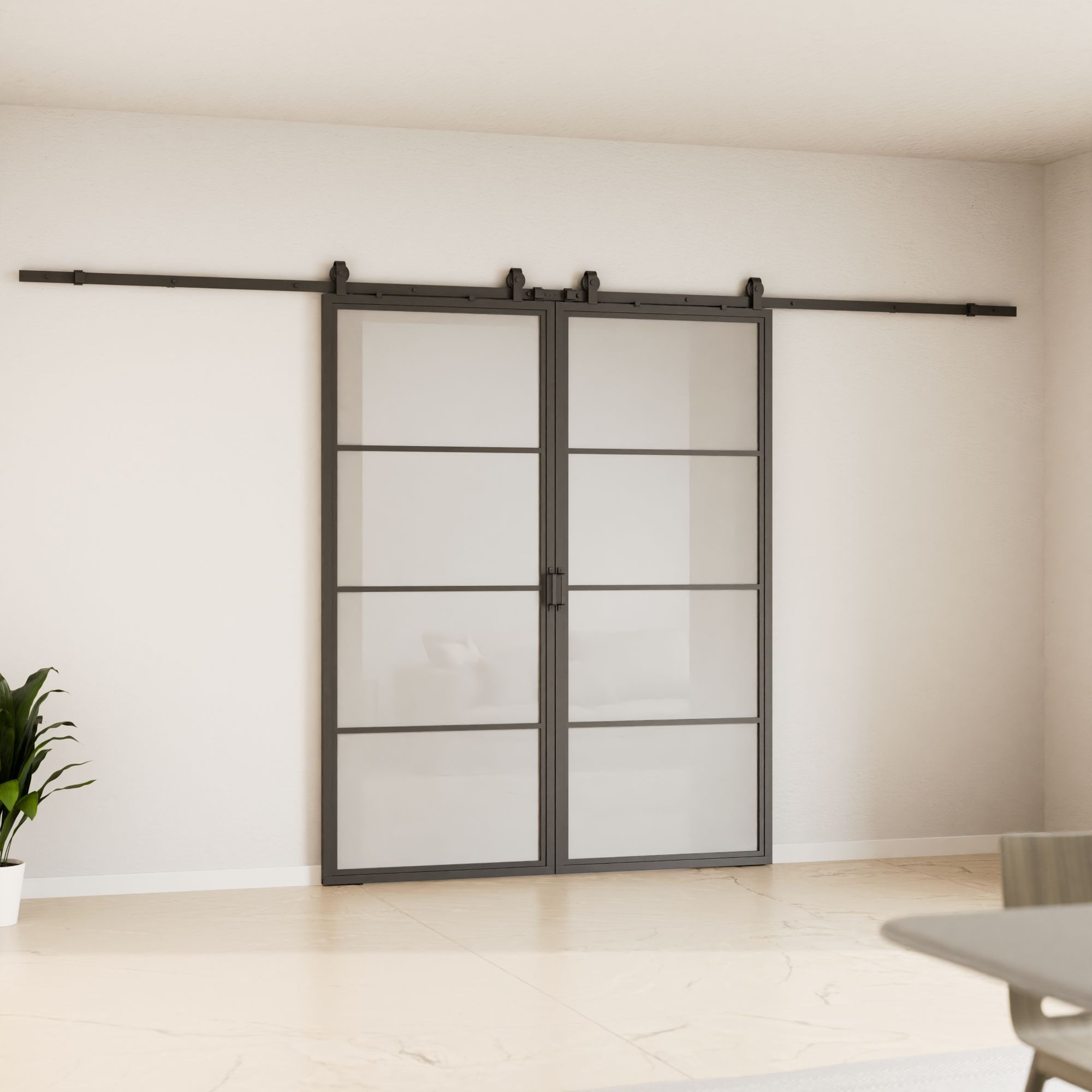 inova wohnen Doppelschiebetür Stahltür Schwarz mit Milchglas Einsatz, Größenauswahl (Komplett Set, inkl. offener Laufschiene und Bügelgriff), beidseitiger Softclose, Loftstyle
