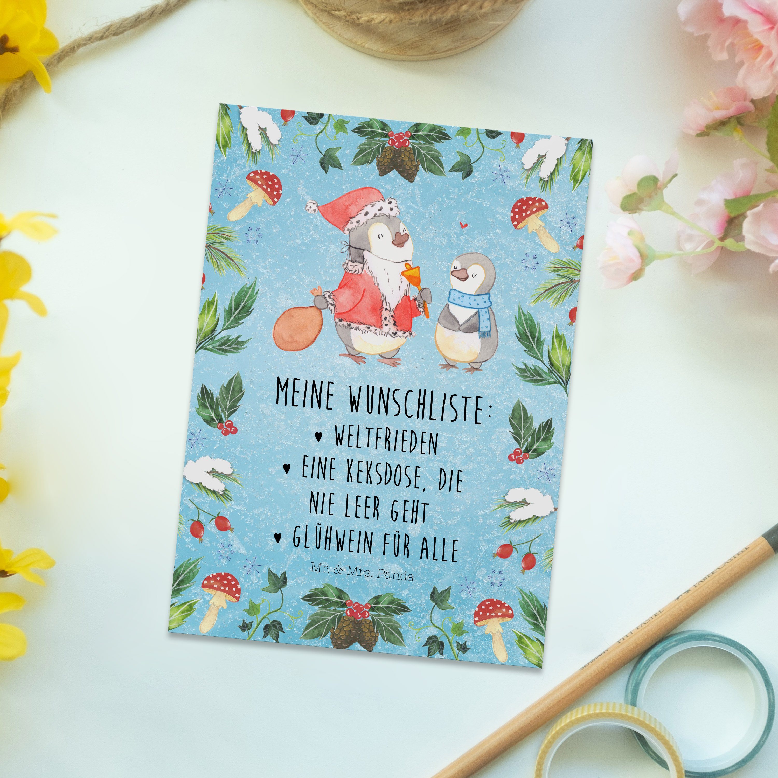 Advent, Ein Postkarte Mr. Panda - & Mrs. Wunschliste Weihnachtsdeko, Eisblau - Pinguin Geschenk,