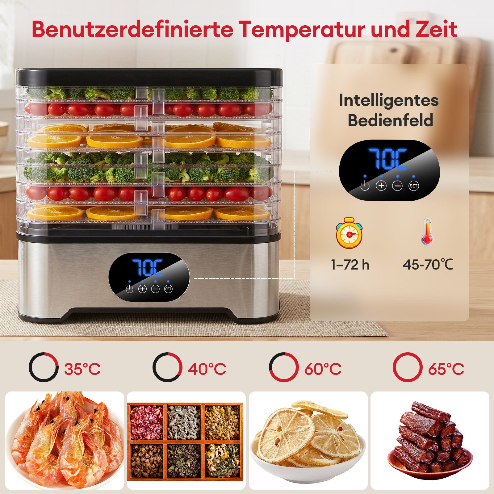 CkeyiN Pro Dörrautomat Edelstahl, Dörrgerät mit 8 Etagen, Dehydrator bis 72h-Timer 45-70°C 400 W, 8 Etagen, BPA-frei,Spülmaschinengeeignete Teile,für Obst,Gemüse,Fleisch