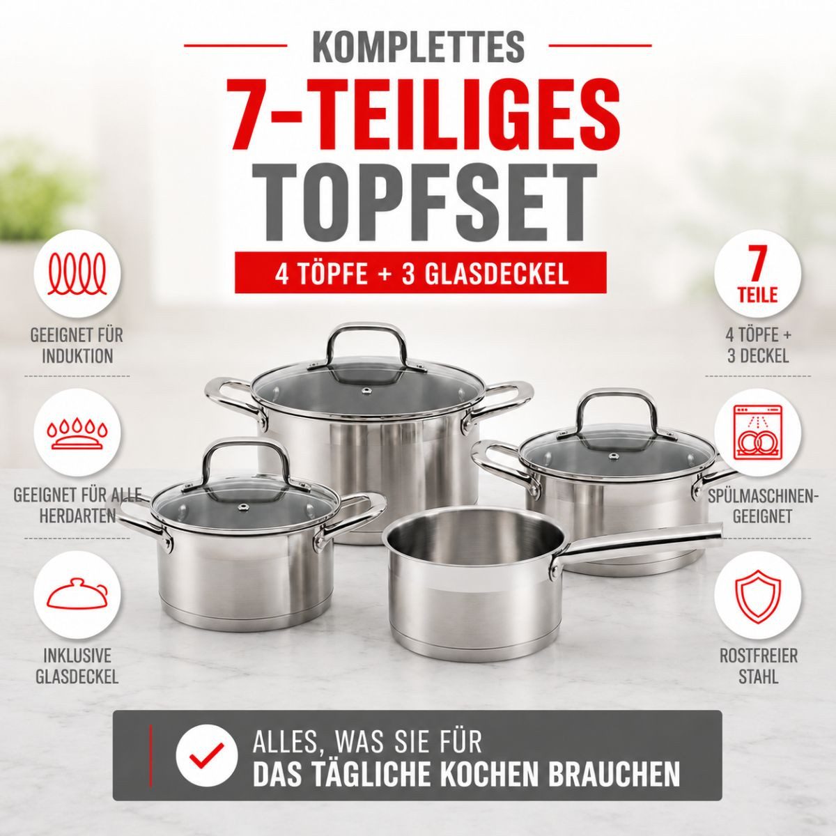 Alpina Pfannen-Set Alpina Pfannenset 7-teilig - Edelstahl Pfannenset mit Glasdeckel