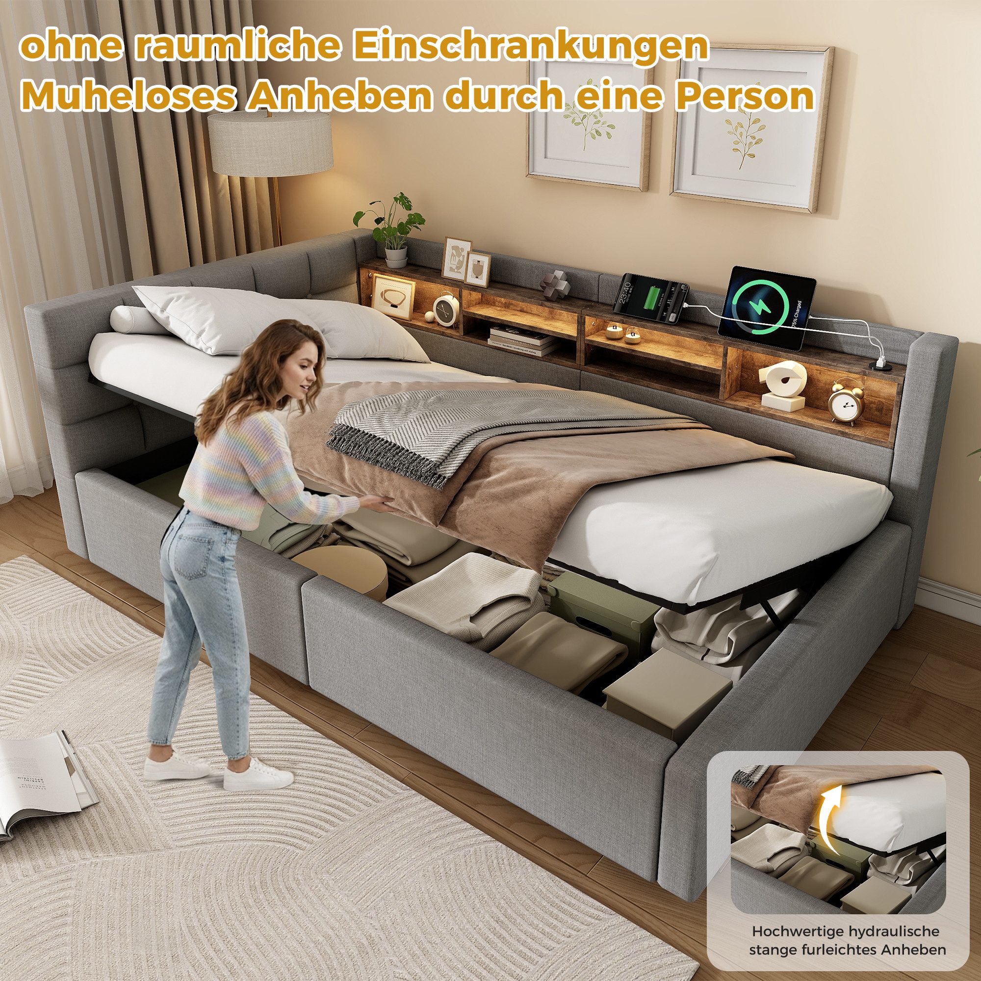 Merax Daybett mit LED-Beleuchtung & USB-Anschluss, Polsterbett mit Leinenbezug (Schlafsofa Jugendbett, 1 tlg), Tagesbett 90x200cm mit hydraulischem Stauraum & S – Bild 4 von 5