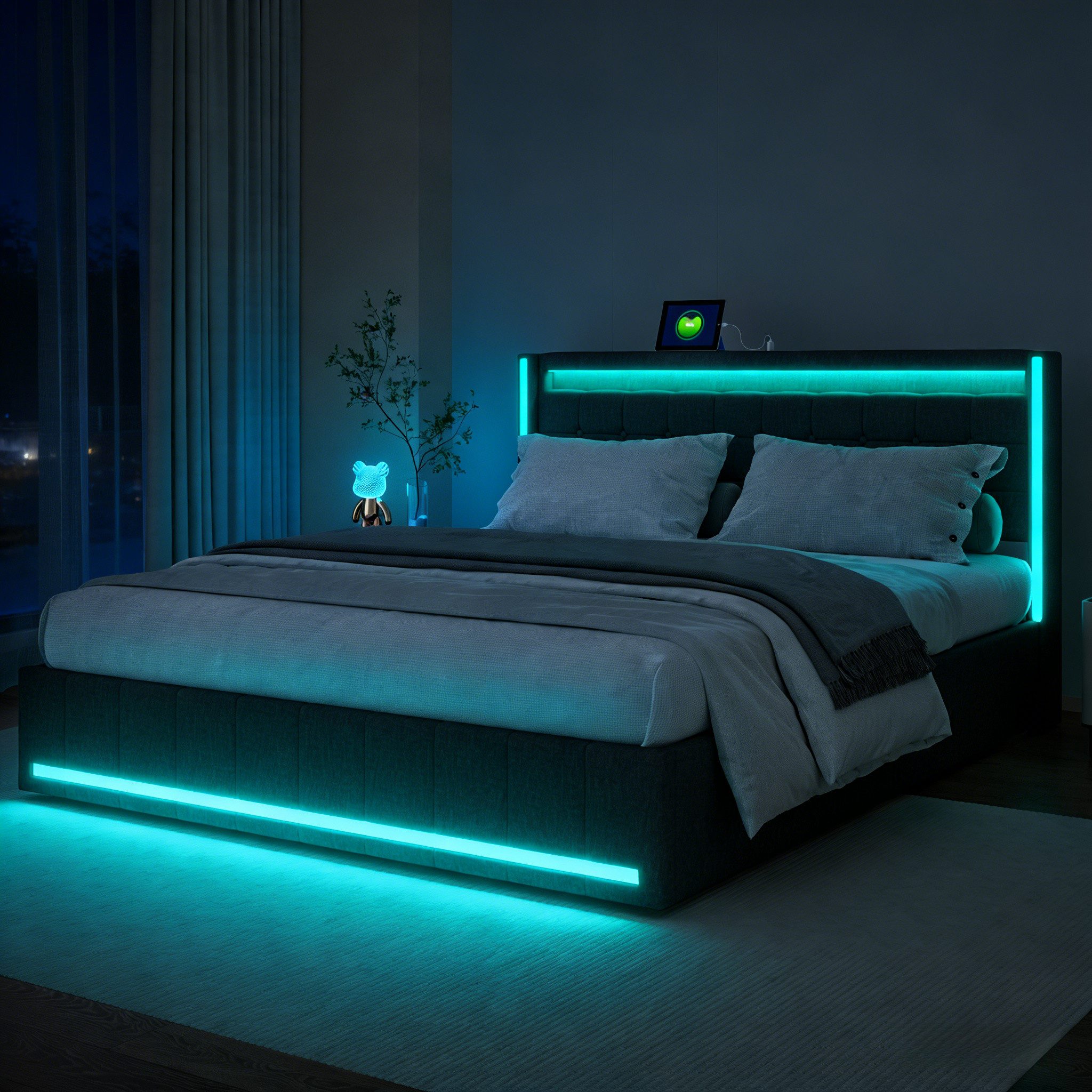 Furnishings Home Polsterbett LED Doppelbett 140x200cm, Stauraumbett mit Kopfteil und 4 Schubladen (Leinenmaterial Polsterbett mit RGB Beleuchtung), mit Lattenrost und Ladefunktion, mit Komforthöhe, Leises Design Bett