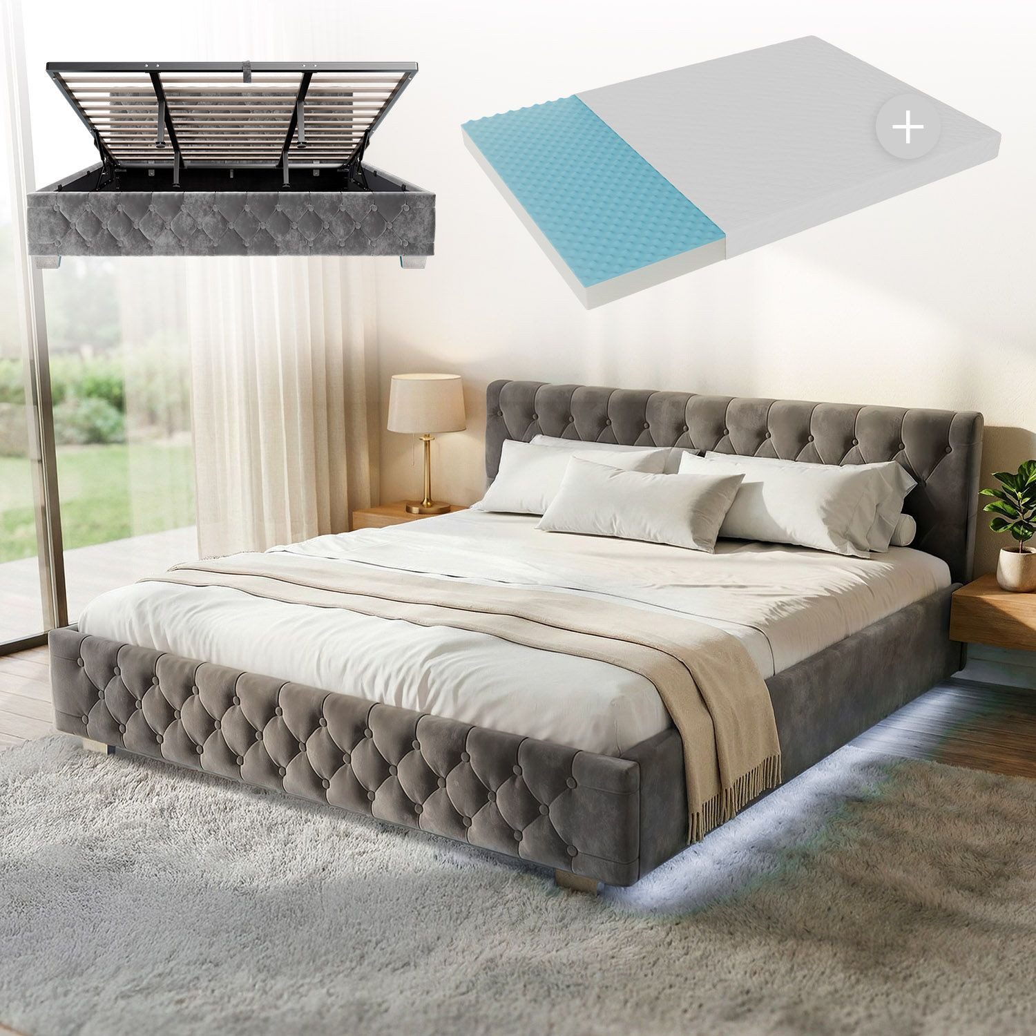 Juskys Polsterbett Nizza, 180x200 cm, LED Licht, Stauraum, Samtbezug, inkl. Matratze